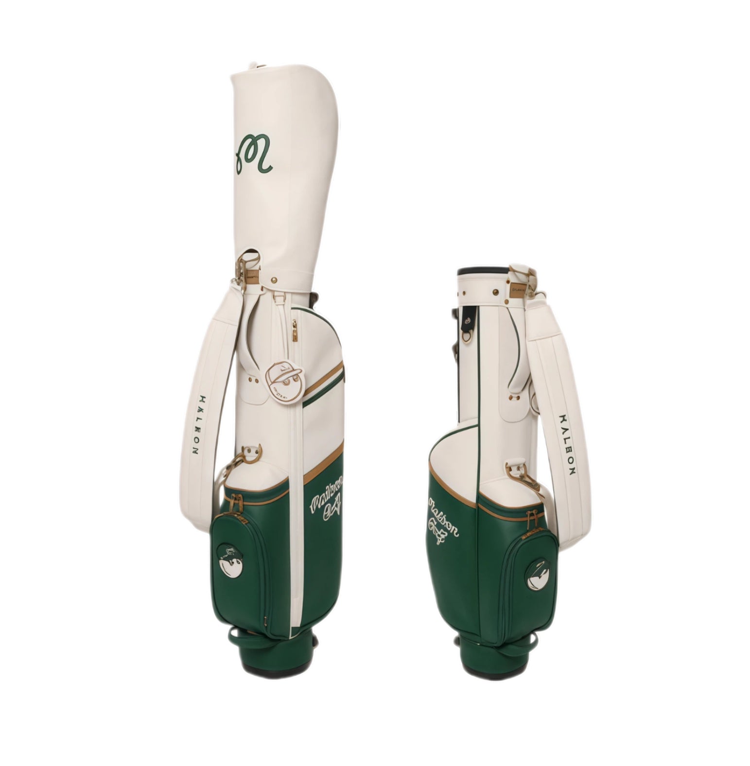 Side-by-side front and back views of the Malbon Golf "Amongst the Cypress" stand bag showing full branding, dual-tone design, multiple pockets, and premium PU leather construction.
