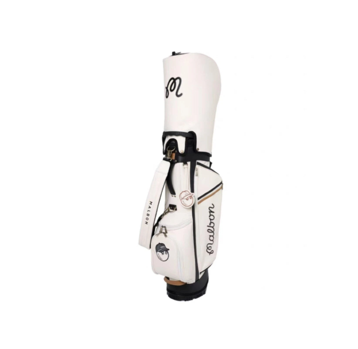 Side view of the Malbon Golf Stand Bag in Classic White with black accents, featuring the signature script logo, durable waterproof material, and the character mascot patch on the lower pocket.