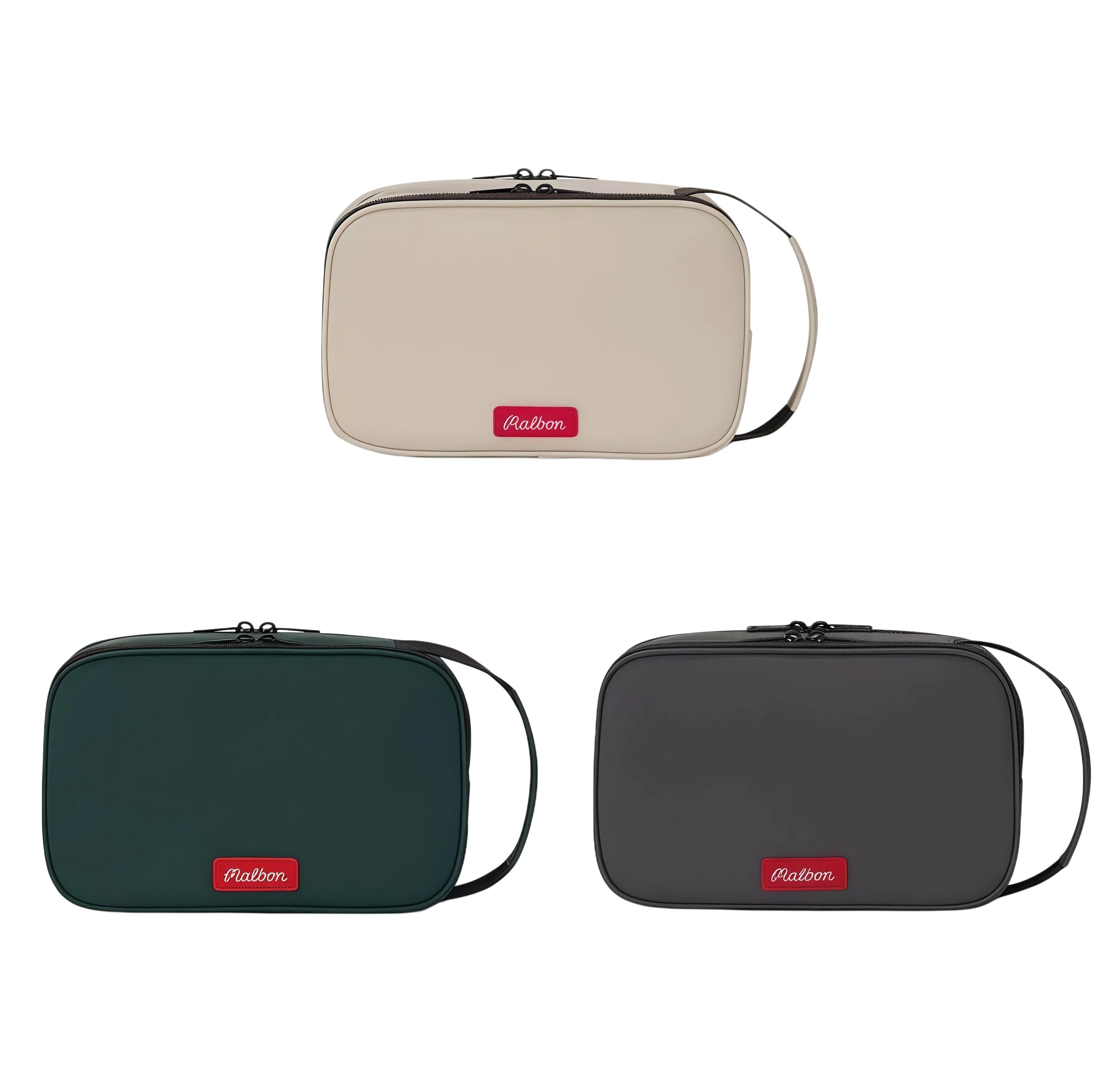 Back side of Malbon golf handheld bags in beige, dark green, and black, each featuring a small red "Malbon" logo patch and adjustable carry strap.