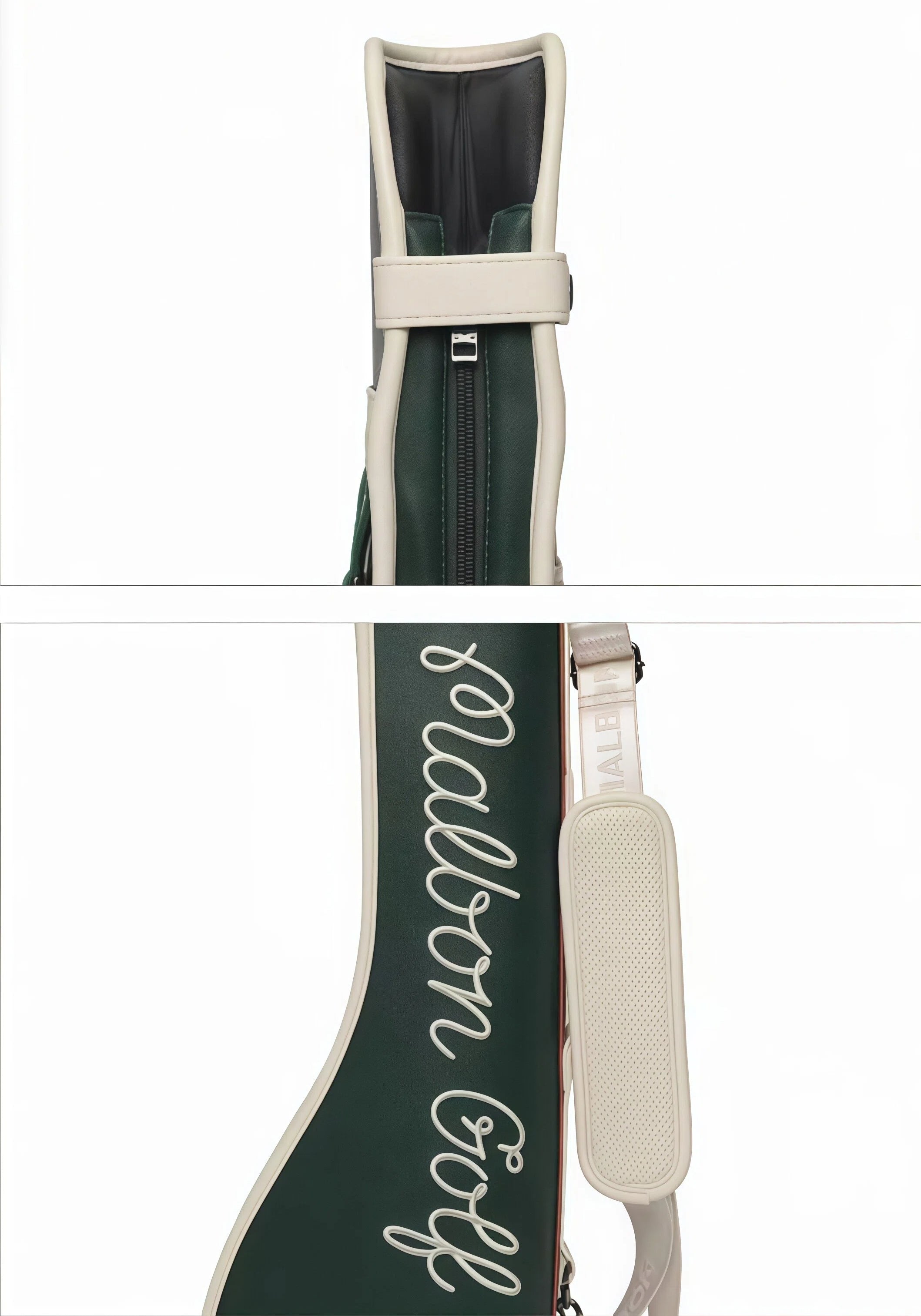 Top-down close-up of Malbon Golf Sunday stand bag showing smooth zipper closure, interior lining, and structured design for secure storage of golf clubs.