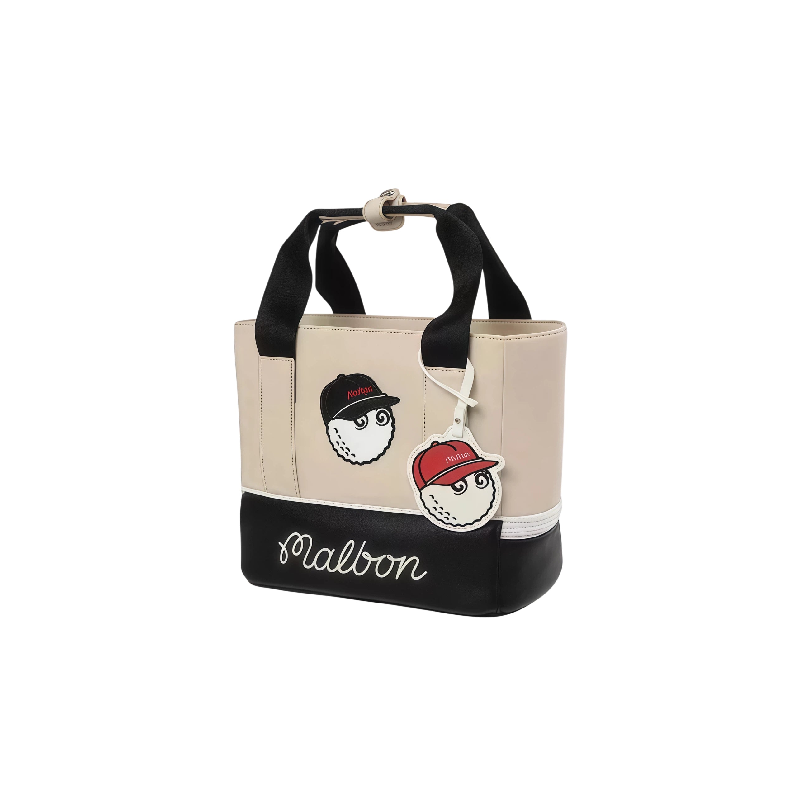 Beige Malbon golf tote bag with black accents, featuring a playful golf ball character in a black cap and matching red cap charm tag; perfect for golf lovers.