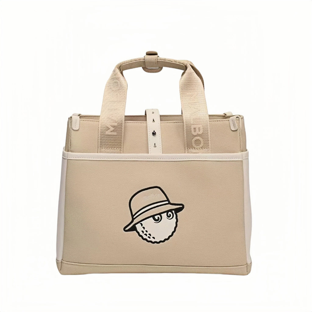 Front view of beige Malbon golf tote bag with clean design, matching handles, and embroidered golf ball mascot wearing a hat with "Malbon" text