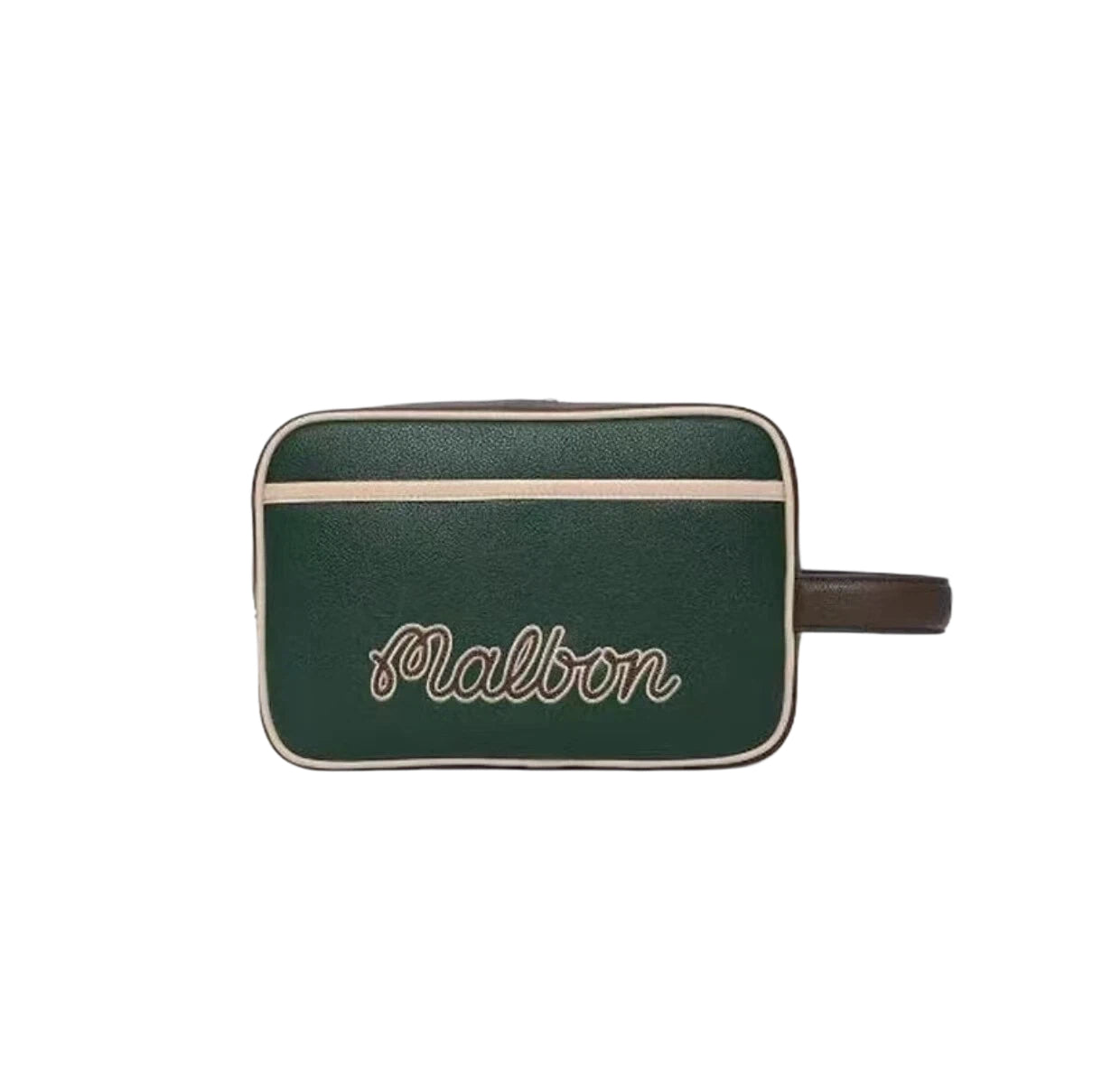 Front shot of the Malbon clubhouse tote in black with cursive embroidered "Malbon" logo. Premium craftsmanship and retro golf aesthetic.
