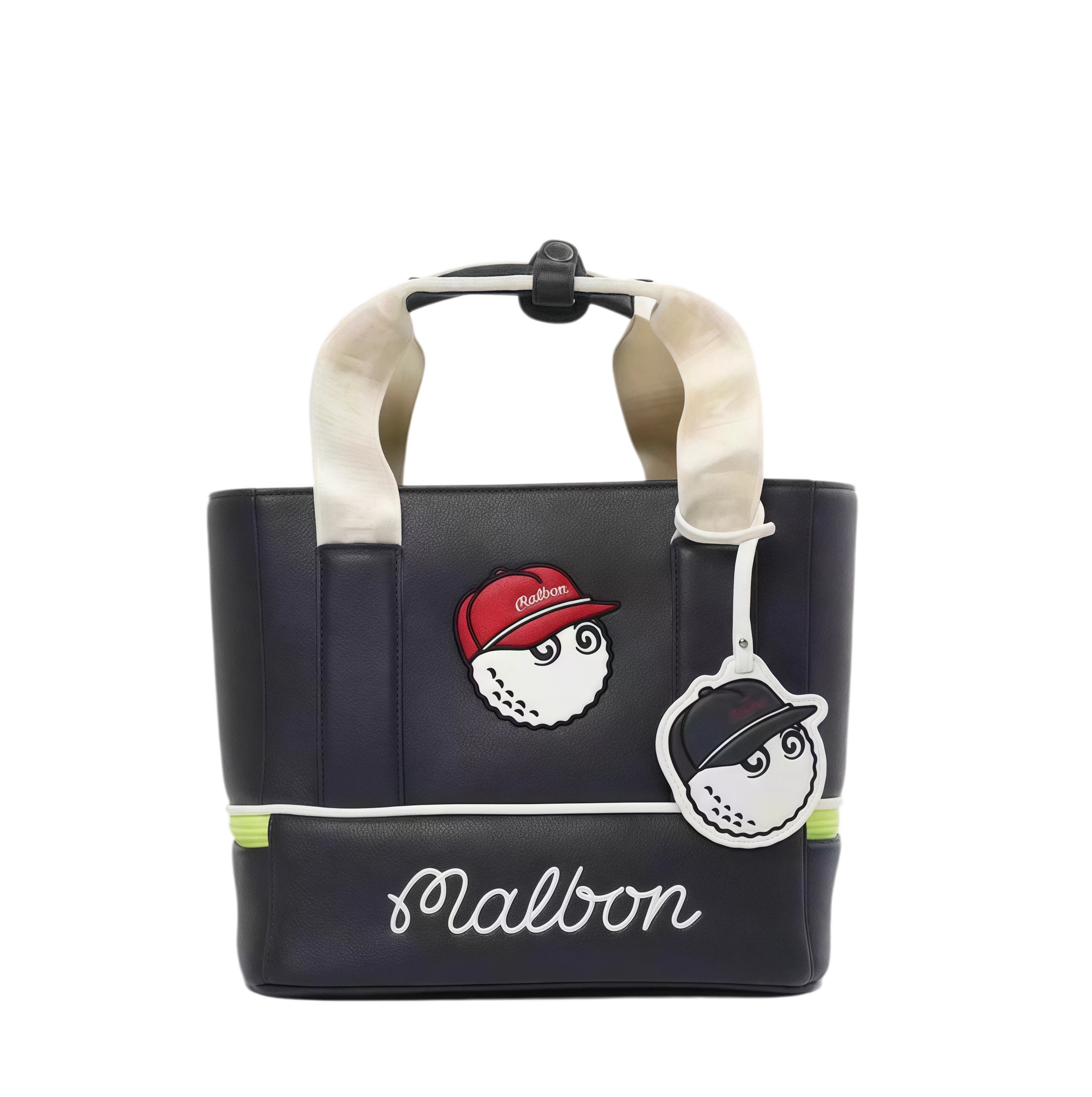 Front view of black Malbon golf tote bag with two cartoon golf ball characters (red and black caps), white stitching, and cursive "Malbon" logo on bottom panel.