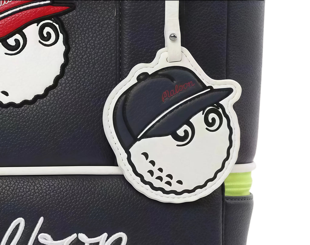 Black backpack with cartoon character design and a matching tag on a white background