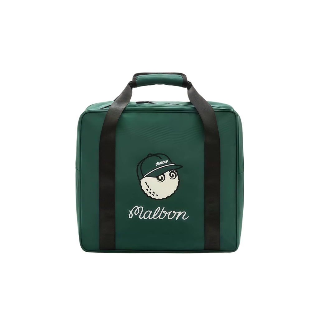 Close-up front view of Malbon Golf travel cover folded into a portable duffel-style case with animated golf ball mascot and embroidered "Malbon" script