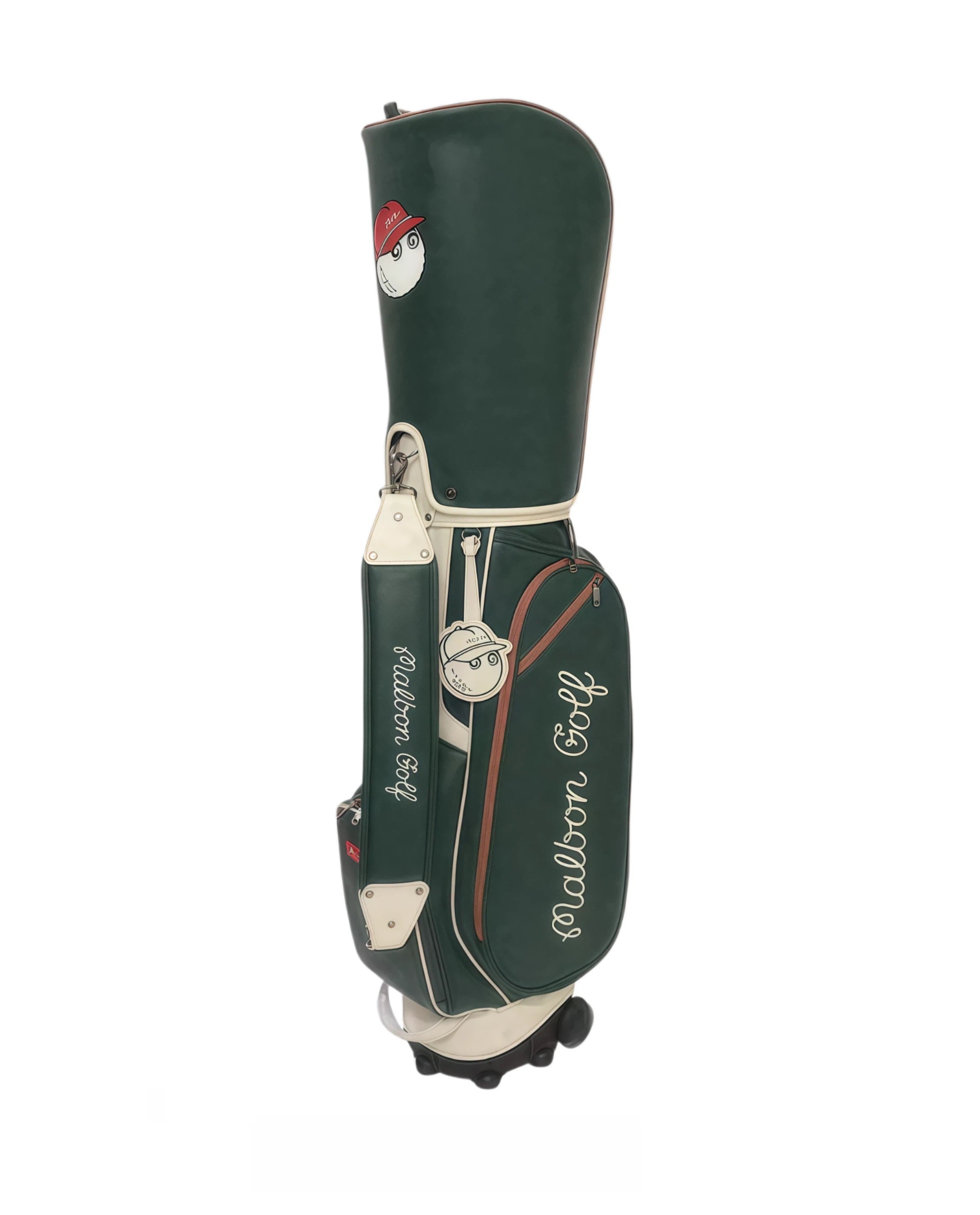 Full side profile of Malbon Golf wheeled caddie bag showcasing integrated wheel base, ergonomic shoulder strap, and high-quality PU leather finish.