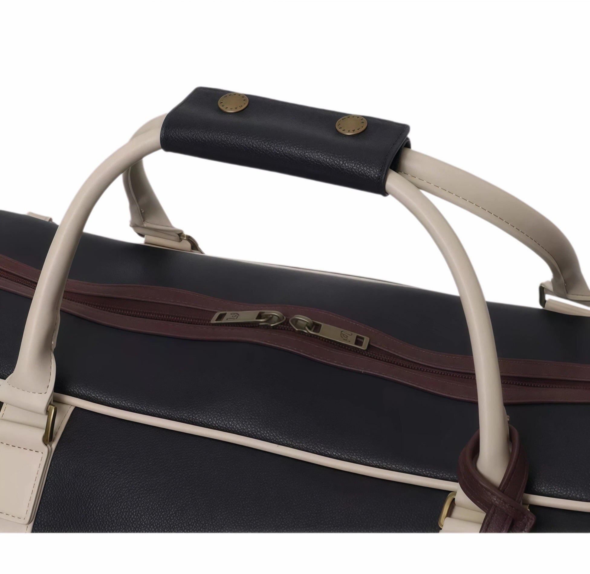 Close-up view of Malbon Golf two-tone duffel bag featuring padded top handle with leather grip, dual zipper closure with brass-tone pulls, and premium PU leather texture