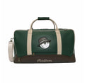 Front view of Malbon Golf two-tone duffle bag in forest green with beige straps, cartoon "Buckets" golf ball wearing fedora hat, brown bottom panel, and embossed "Malbon" script