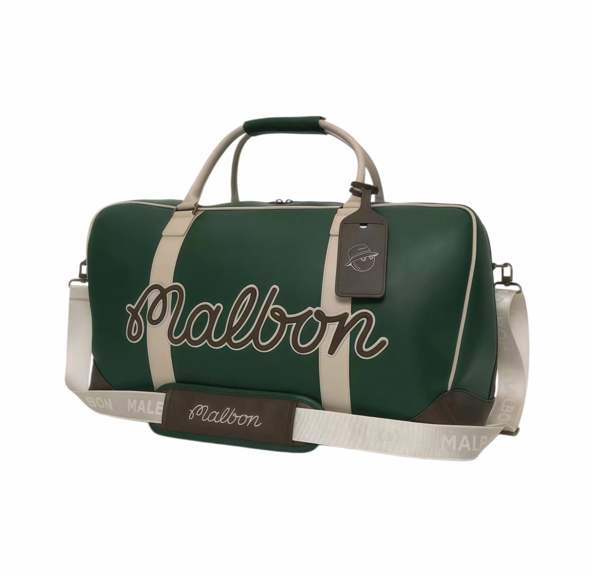 Front view of Malbon Golf two-tone duffle bag in forest green with beige straps, large embroidered "Malbon" script logo, brown accent trim, and branded leather tag with "Buckets" mascot