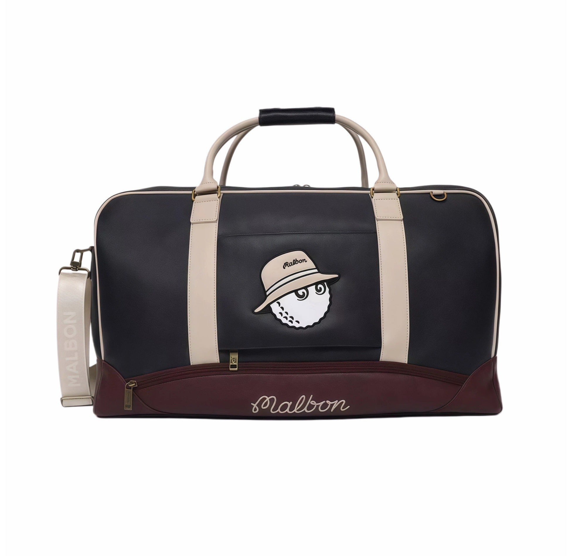 Full front view of Malbon Golf two-tone duffle bag in navy blue with burgundy bottom panel, beige side stripes, cartoon "Buckets" golf ball wearing hat, and stitched "Malbon" script on base