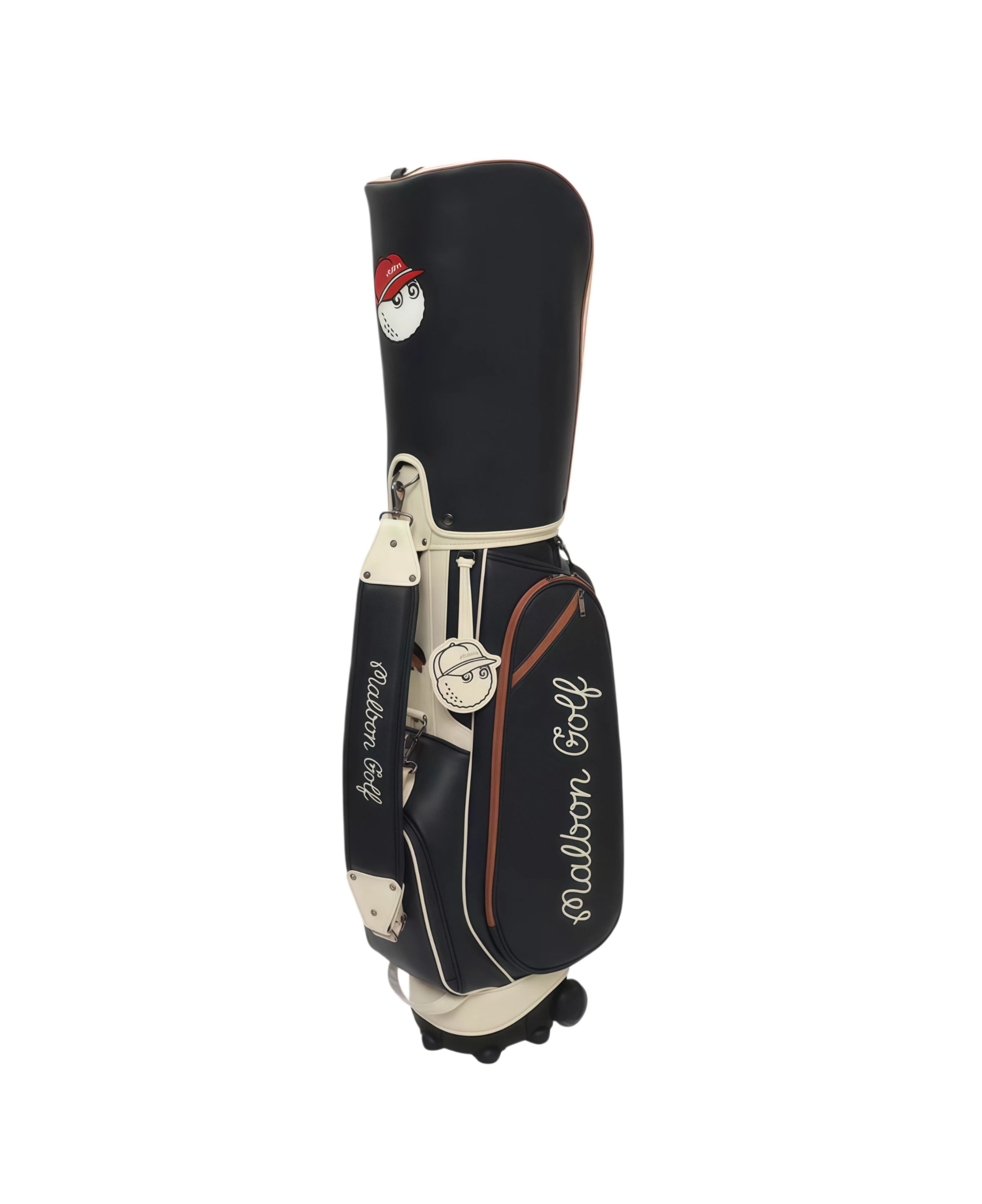 Front view of Malbon Golf black wheeled caddie bag made from premium waterproof PU leather, with red trim, branded shoulder strap, and playful golf ball character patch.
