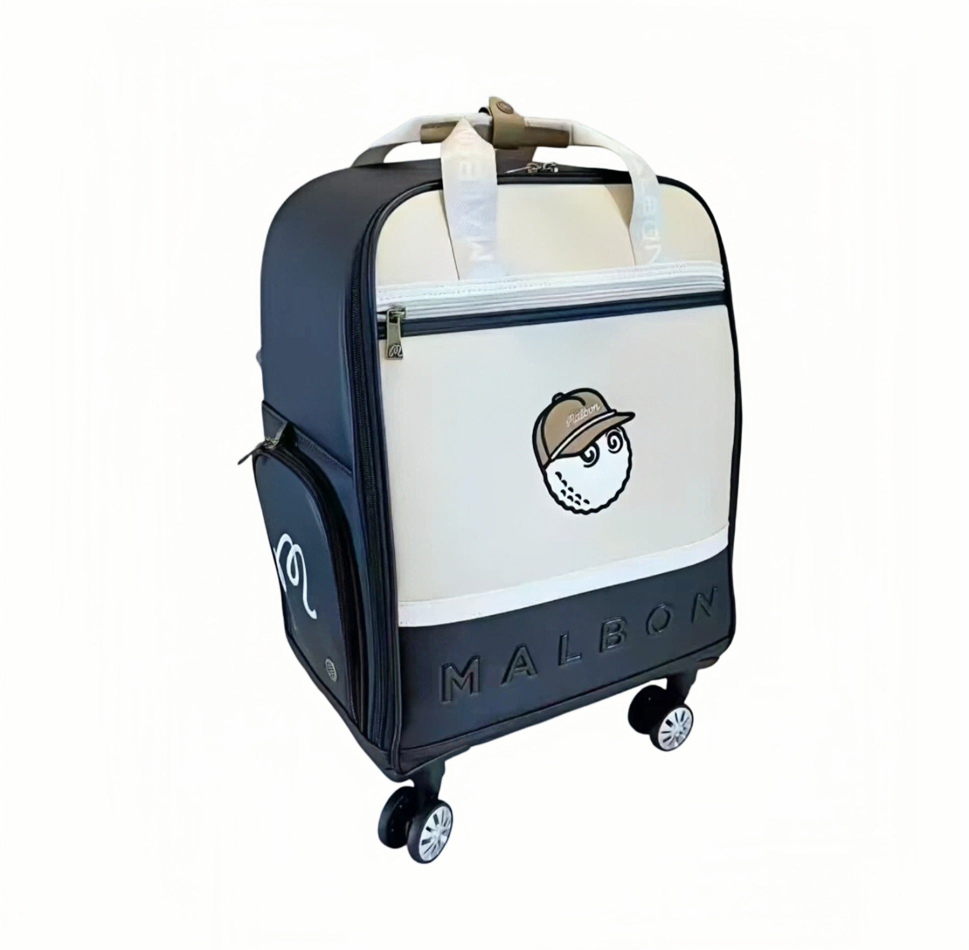 Front view of black Malbon Golf rolling luggage with cream-colored panel, embroidered golf ball mascot wearing cap, and embossed "MALBON" lettering at base