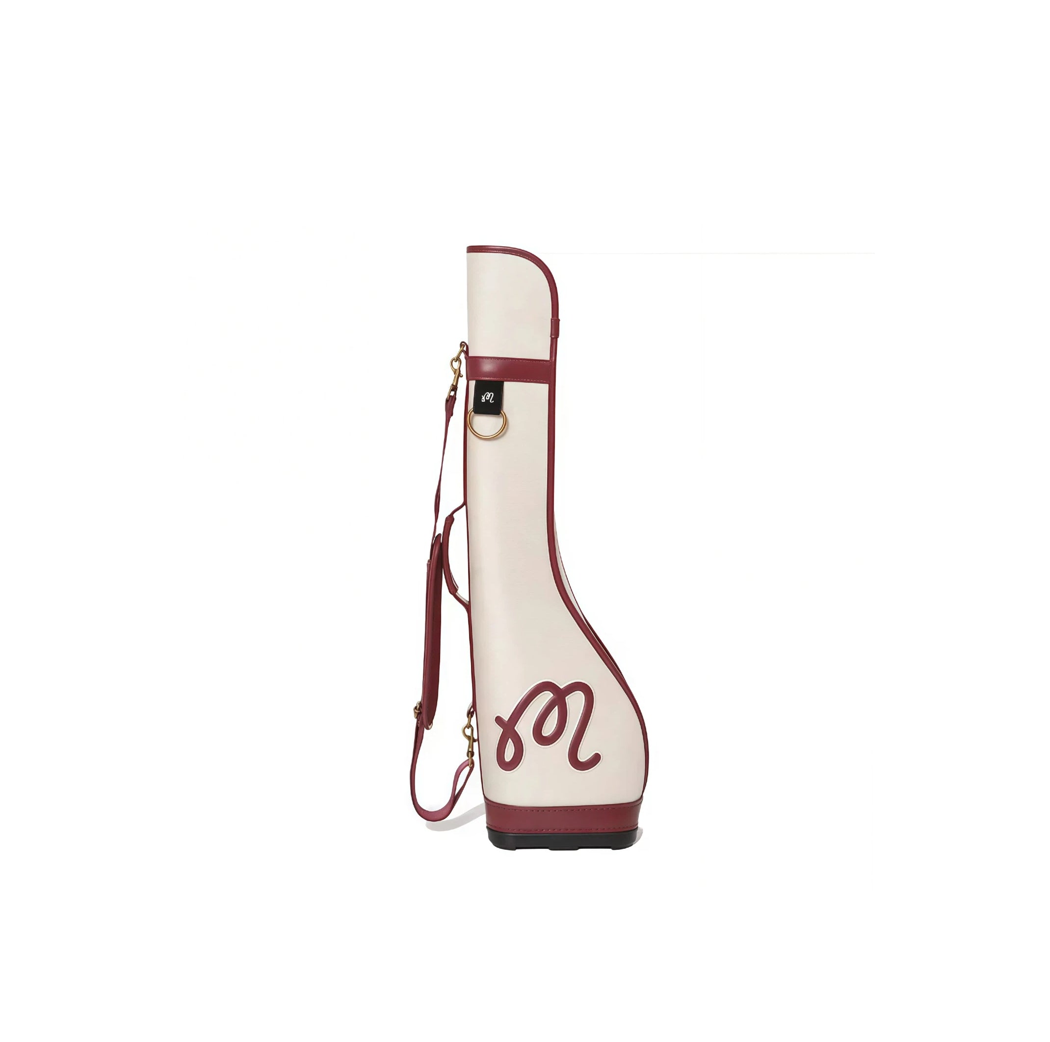 Malbon Lightweight Golf Sunday Bag back view in cream and red with large “M” logo and gold-tone hardware - compact, weather-resistant design for single club or accessory storage, ideal for casual play