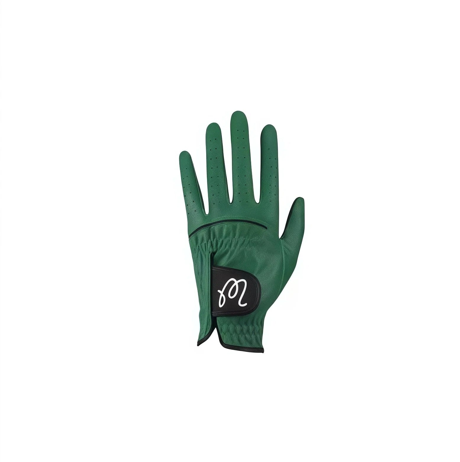 Malbon men's thin anti-slip golf glove in green, left hand view with breathable perforations and signature logo on wrist strap, designed for wear-resistant performance and enhanced grip.