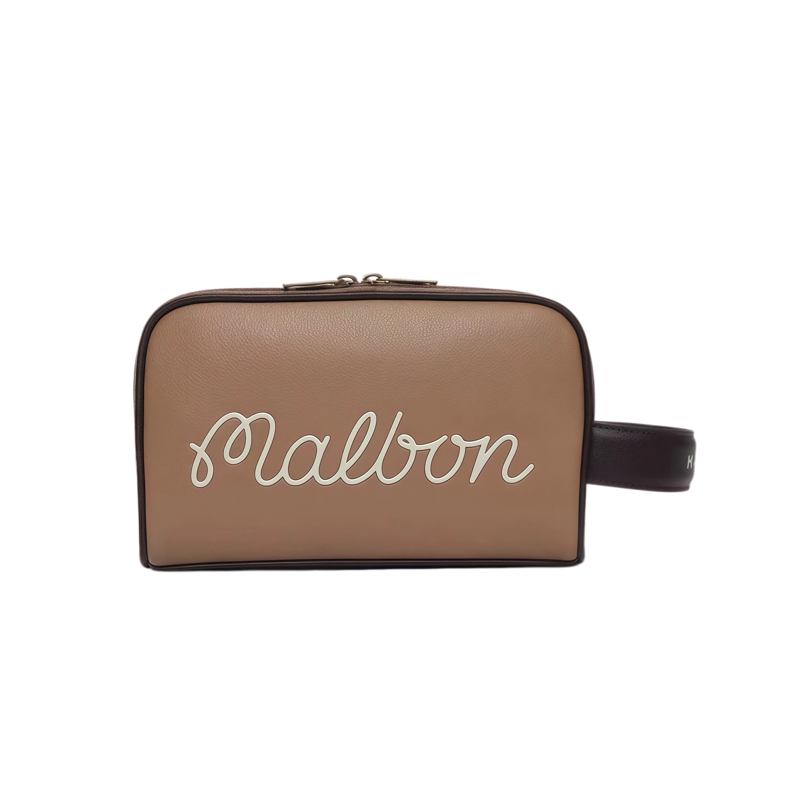 Side view of the Malbon Buckets golf pouch in beige and forest green leather-like material. Compact design with sleek stitching and integrated wrist handle.