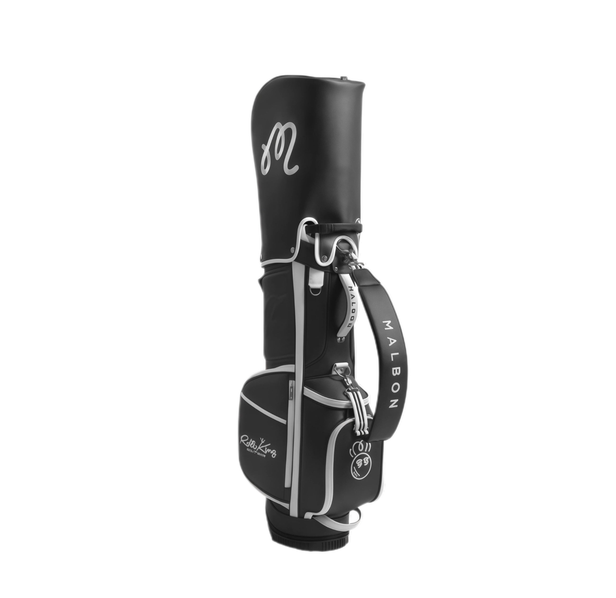 Front view of Malbon Roo King golf bag showcasing black and silver design, adjustable shoulder strap with “MALBON” text, and branded side pocket with cartoon golf ball logo