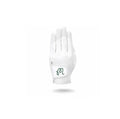 White Malbon women's golf glove with green logo, showcasing durable PU construction, anti-slip properties, and UV protection for reliable grip and sun safety during play.