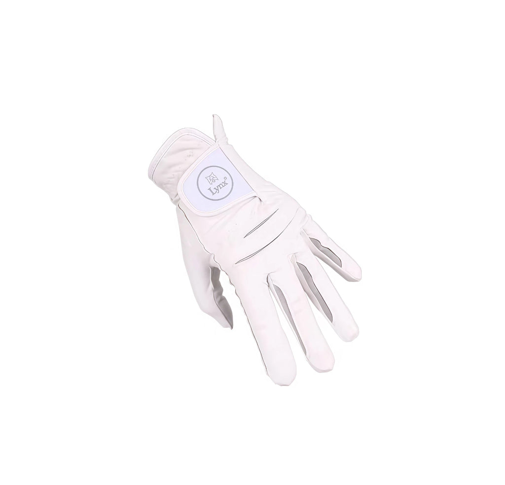 Angled view of a white men's golf glove with microfiber construction, anti-slip properties, and Lynx logo on the wrist strap, designed for breathability and superior grip.
