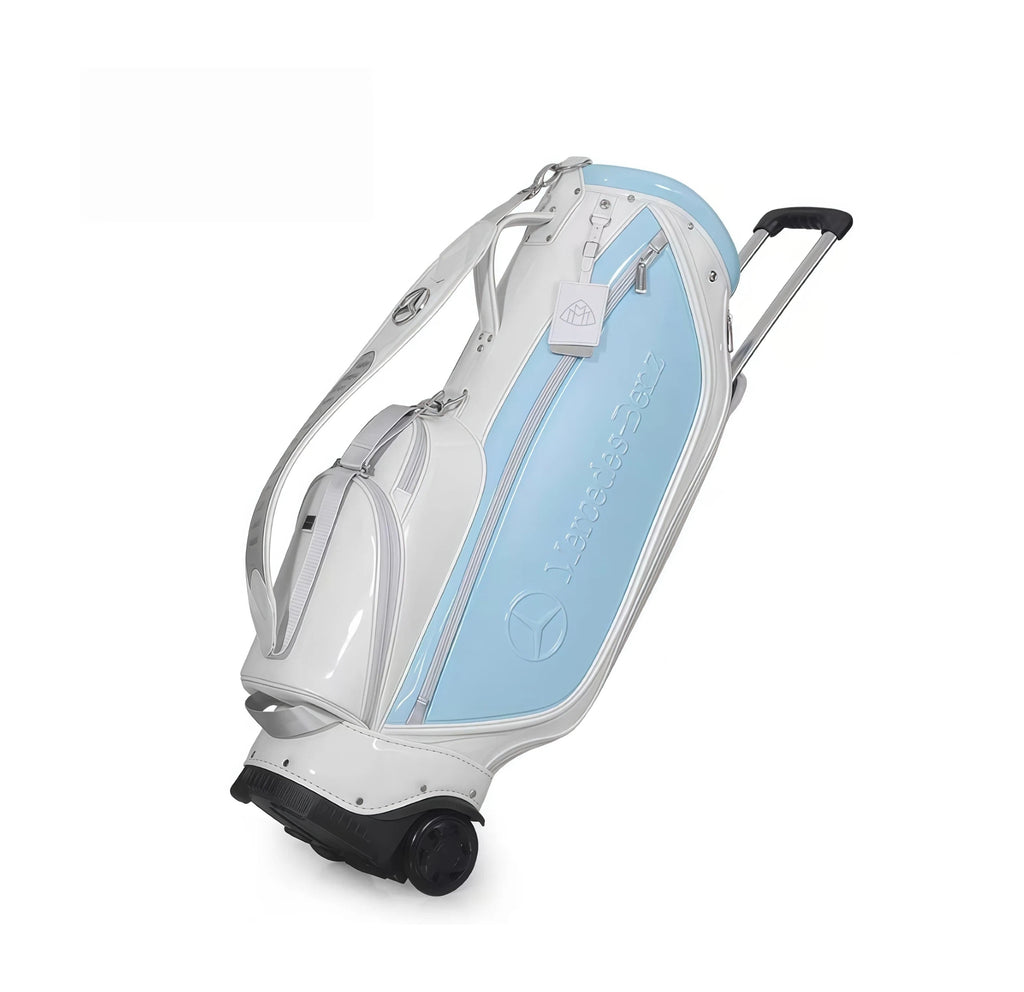 Top-angle view of the Mercedes-Benz Golf Cart Bag showing the full profile, including the light blue panel, embossed logo, multiple compartments, and robust wheel system. Designed for luxury and function.