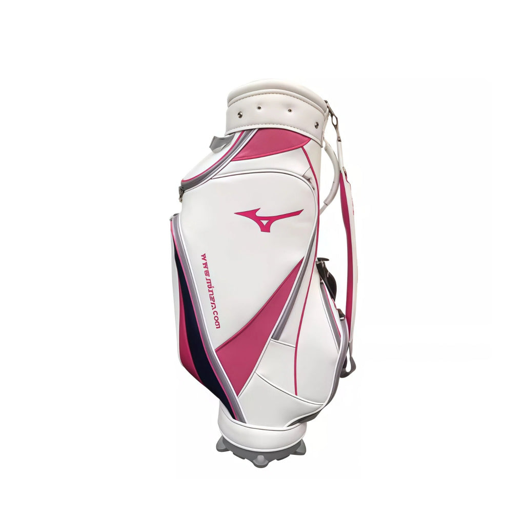 Front-side view of the Mizuno BR-D3 Golf Bag in vibrant white, magenta pink, and navy blue color scheme, featuring bold Runbird logo, angular panel design, dual carry straps, and stable base with non-slip feet.