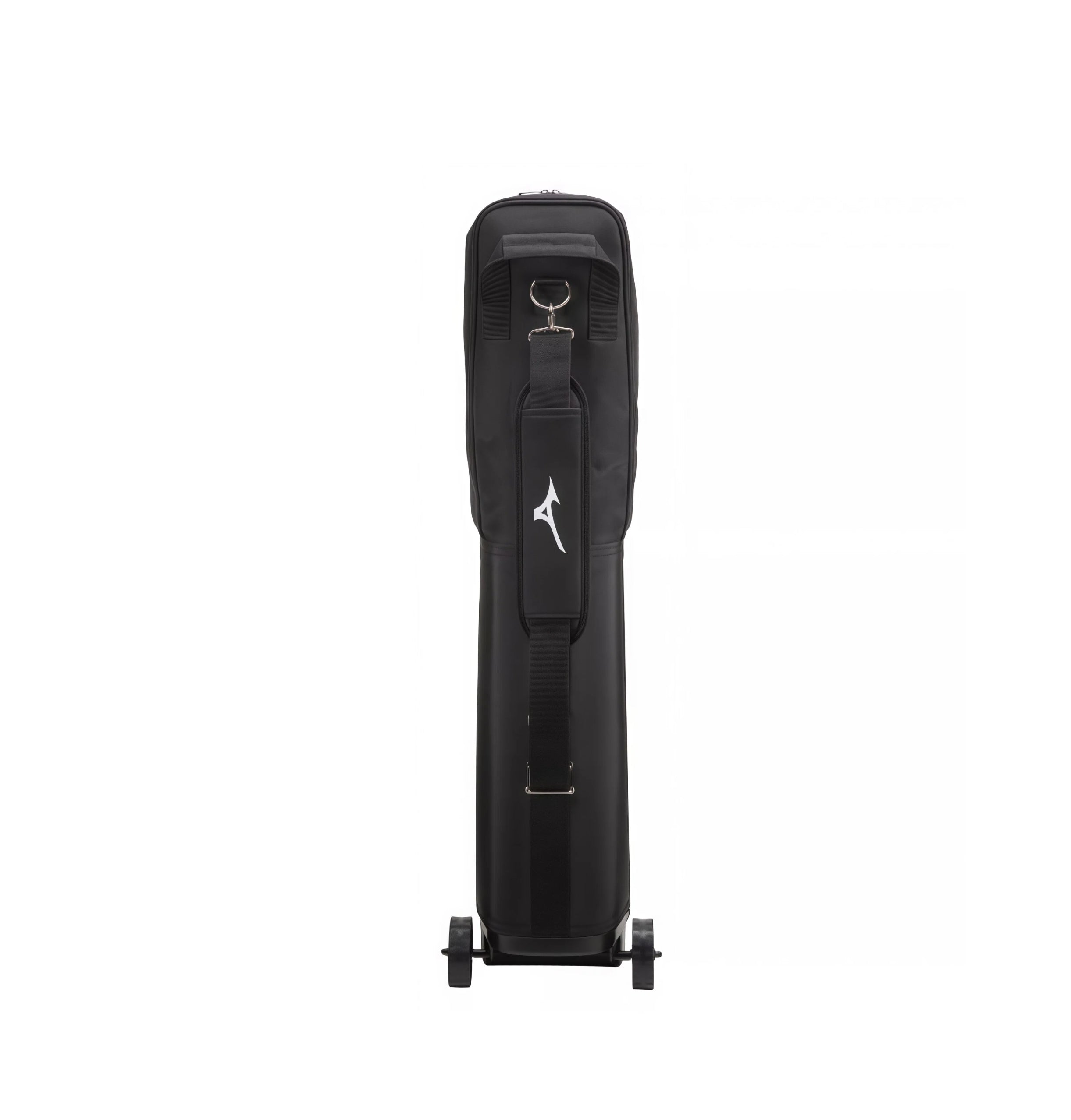 Close-up rear view of Mizuno golf travel cover showing retractable telescopic handle attachment point, D-ring hardware, and dual-wheel chassis for stable maneuverability.
