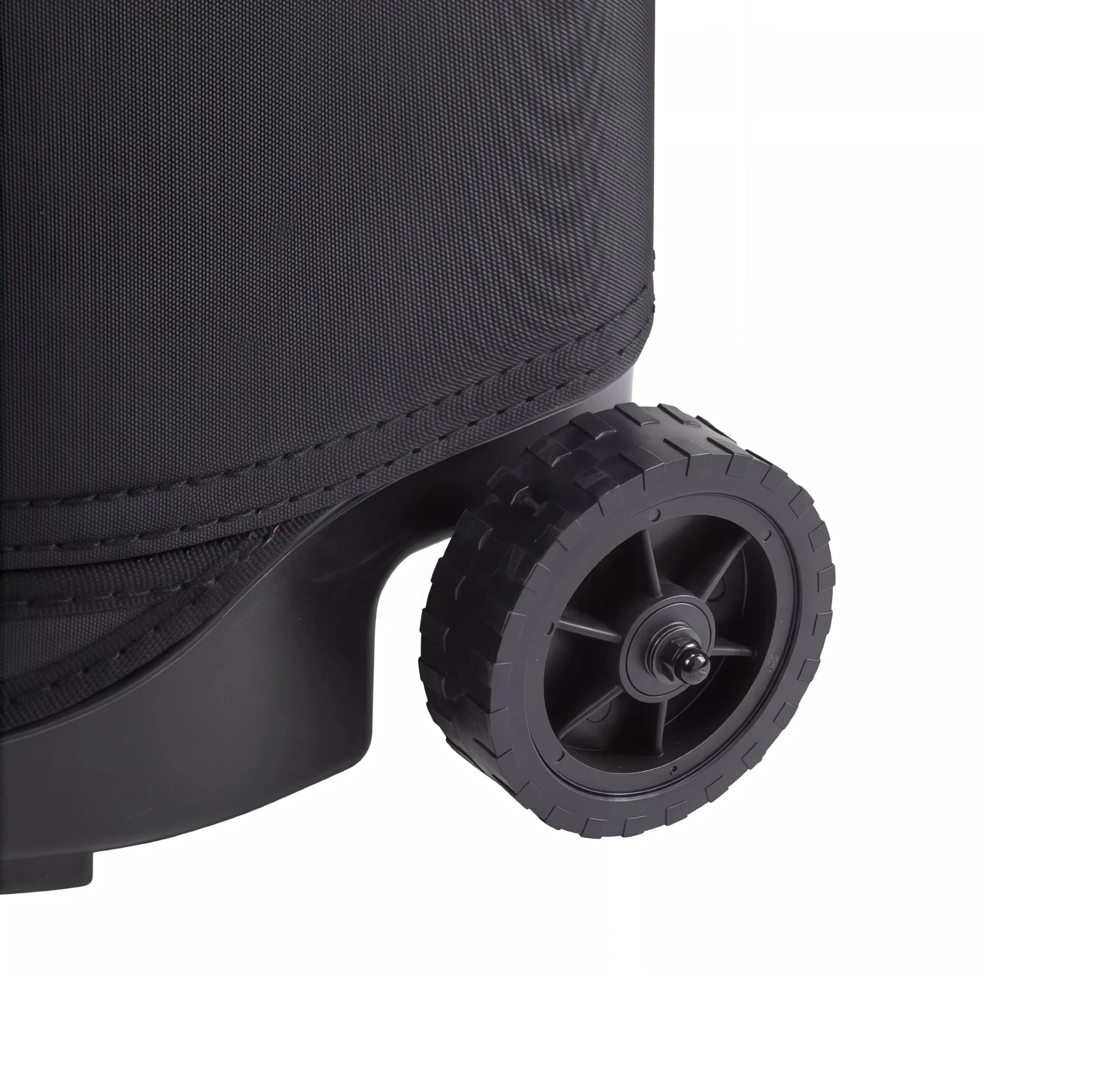Detailed close-up of heavy-duty rubber wheel on Mizuno golf travel cover, featuring deep tread pattern and reinforced axle for durability on grass, pavement, or gravel surfaces.