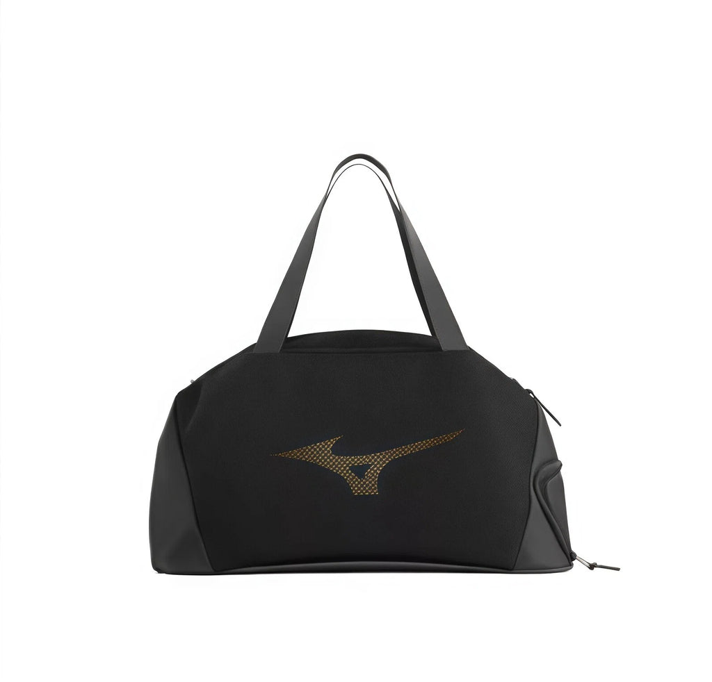 Front view of the black Mizuno gym duffel bag featuring a gold embroidered logo, dual top handles, and durable fabric construction for everyday fitness use.