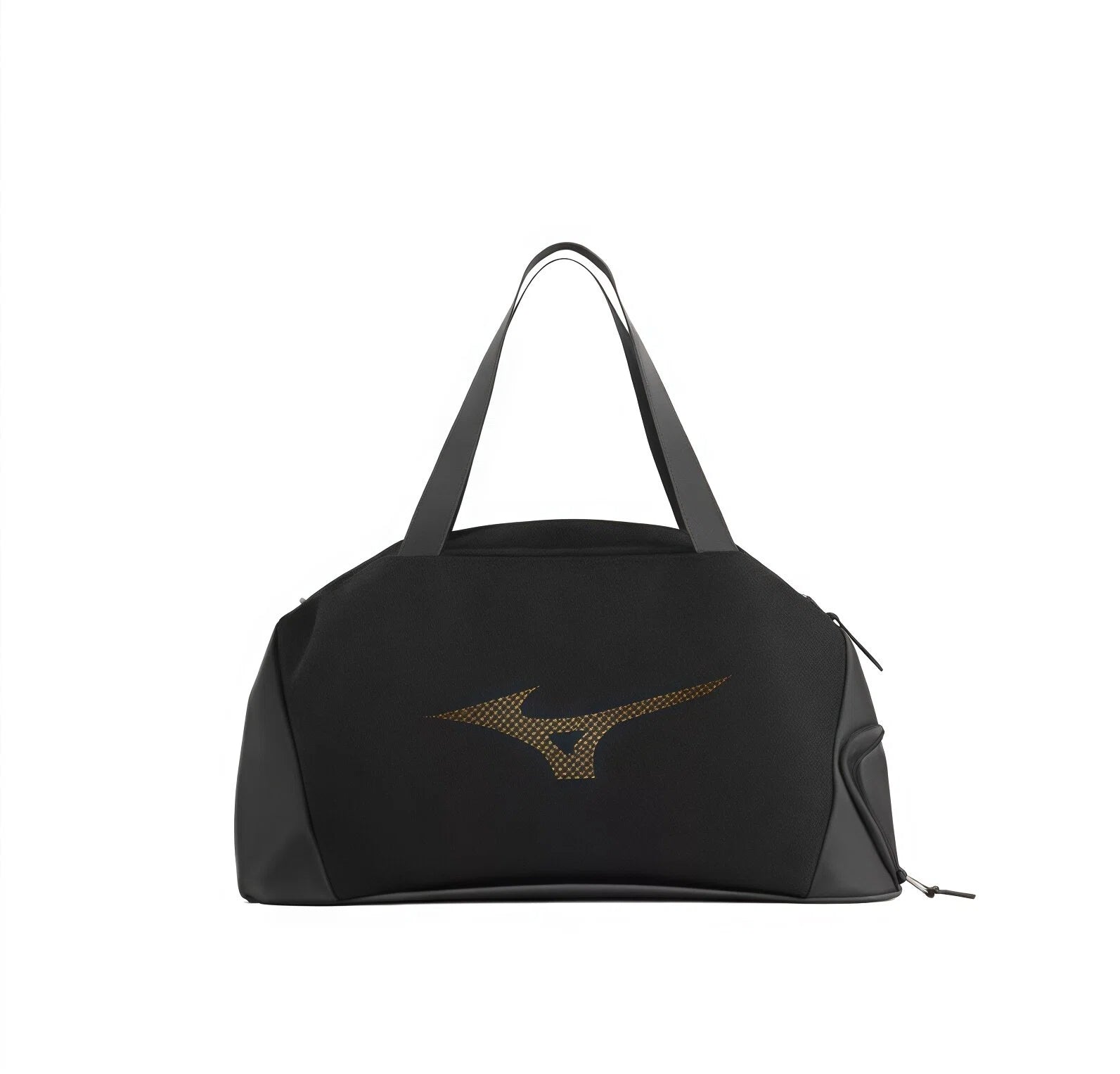 Front view of the black Mizuno gym duffel bag featuring a gold embroidered logo, dual top handles, and durable fabric construction for everyday fitness use.