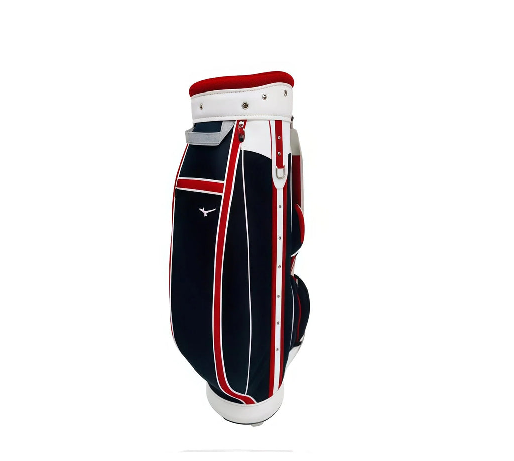 Back view of the Mizuno Heritage Cart Bag displaying its minimalist design, subtle white Runbird logo on navy background, reinforced stitching along seams, and smooth base for stable placement on carts or ground.
