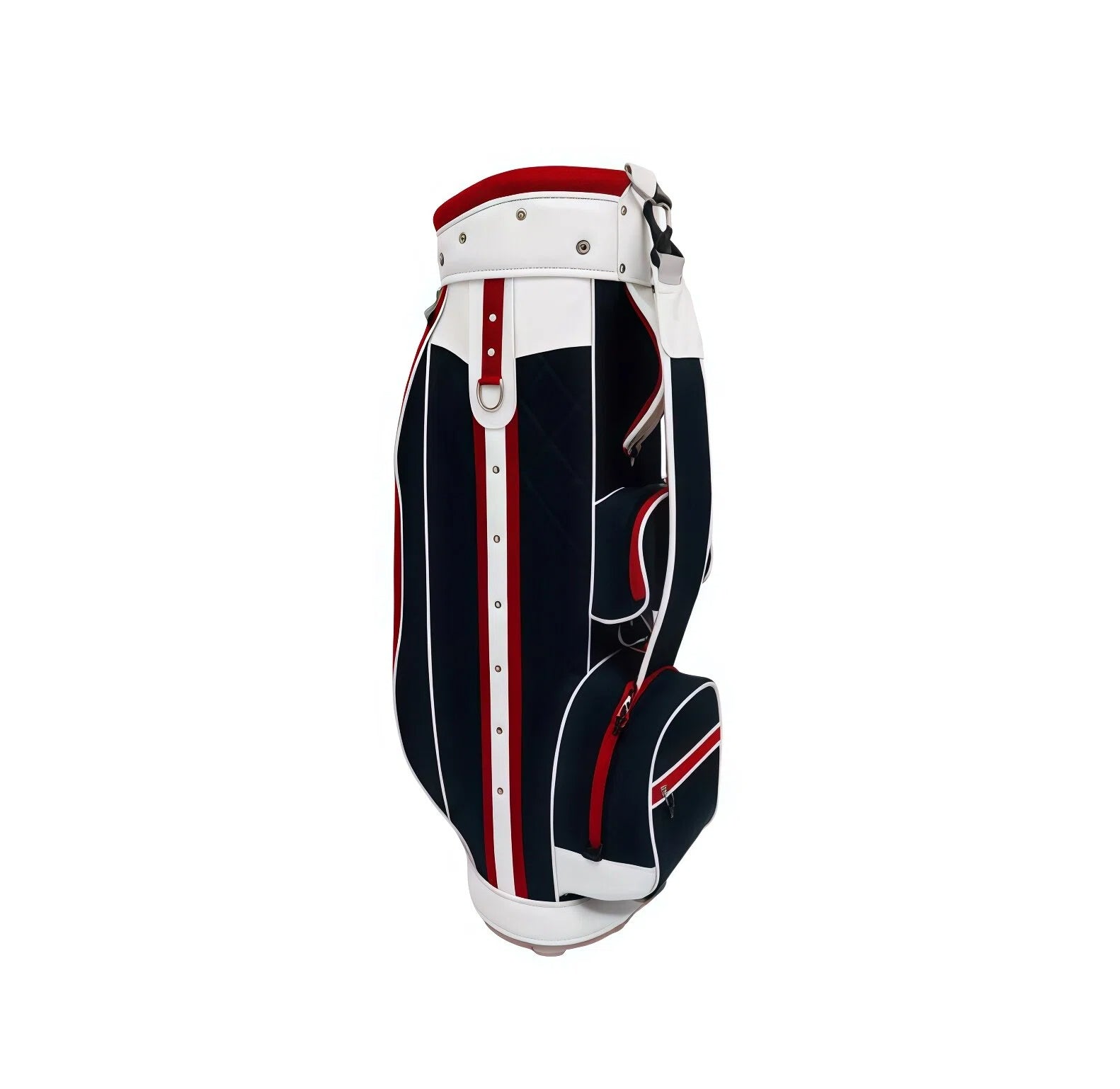 Rear perspective of the Mizuno Heritage Cart Bag showcasing spacious rear pocket with red zipper trim, padded shoulder strap attachment points, D-ring for towel or glove clip, and ergonomic carry handle.