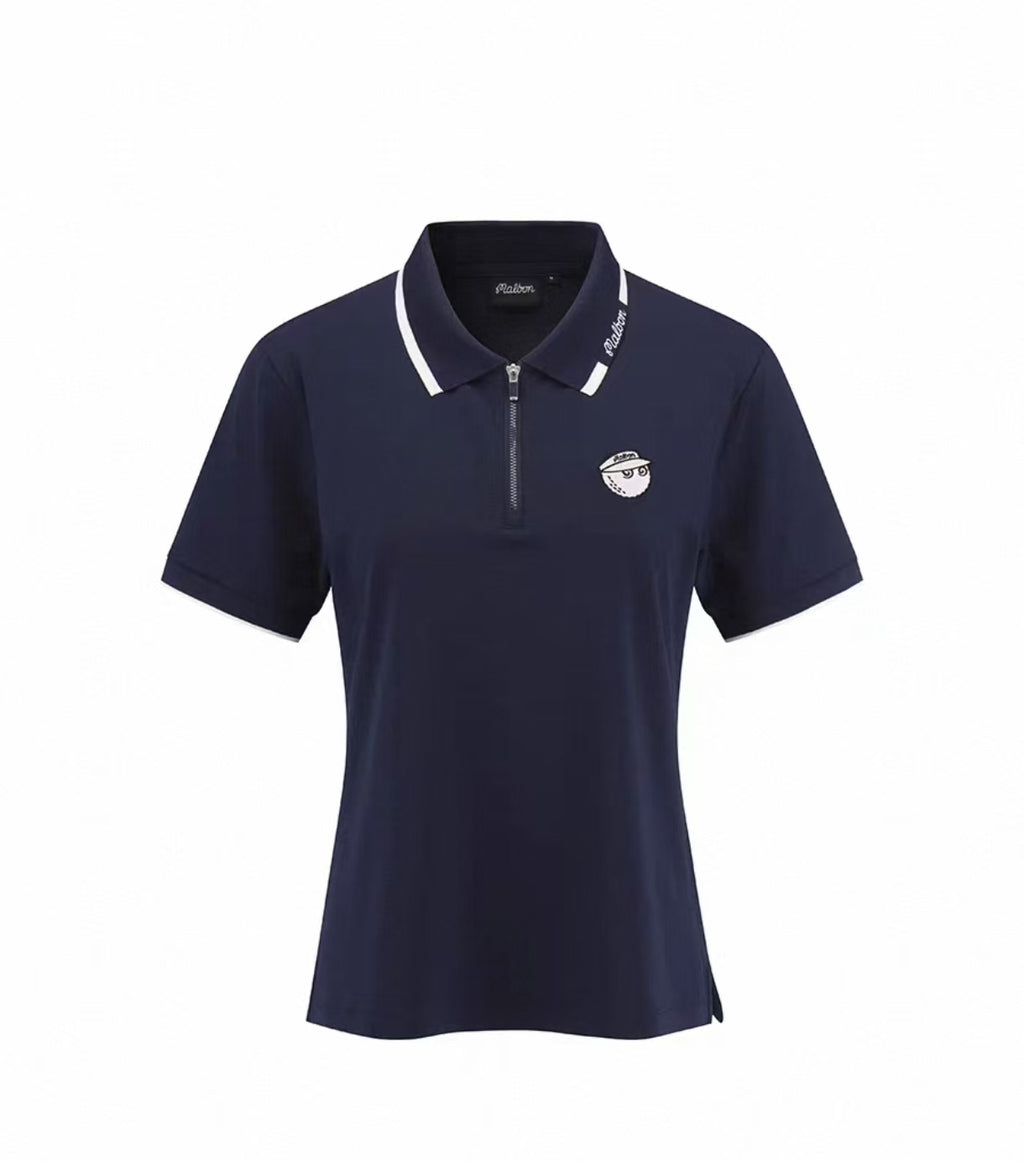 Malbon Women's Slim Fit Stretch Polo Shirt Navy Blue stretch golf polo front view