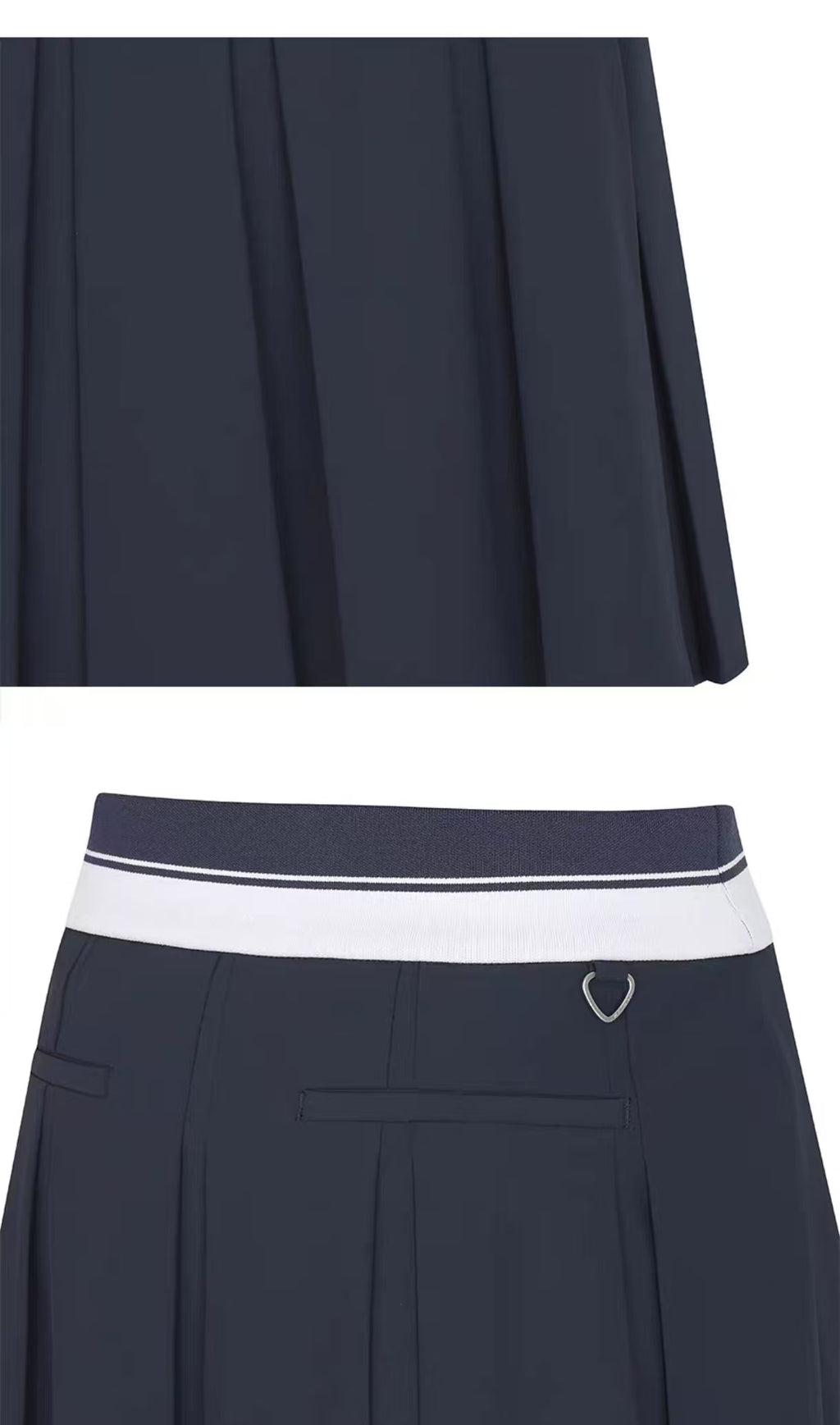 Malbon Studio Seoul Logo Banding Pleated Skirt Navy Blue pleated golf skirt detail view
