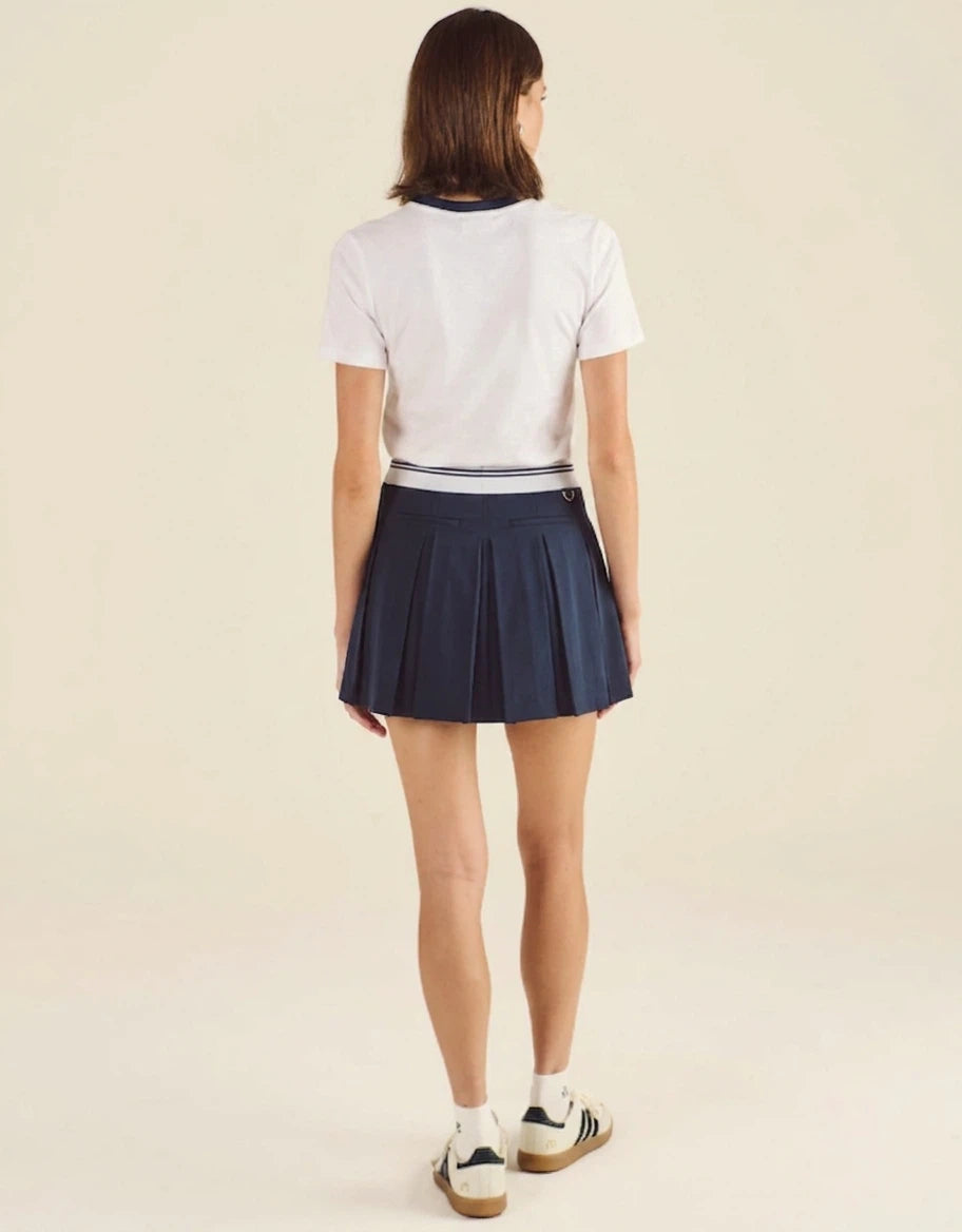 Malbon Studio Seoul Logo Banding Pleated Skirt Navy Blue pleated golf skirt detail view