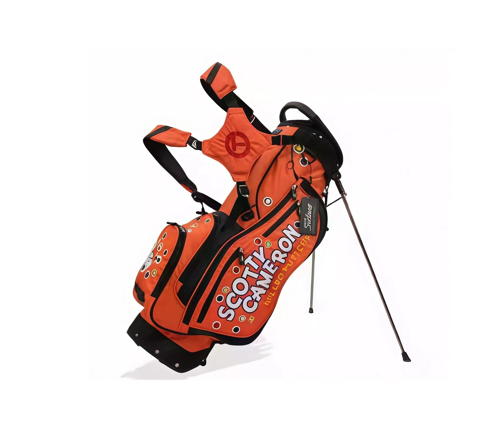 Vibrant orange Scotty Cameron golf stand bag with black trim, red logo, colorful dot details, and adjustable carry system – lightweight and stylish for on-course use.