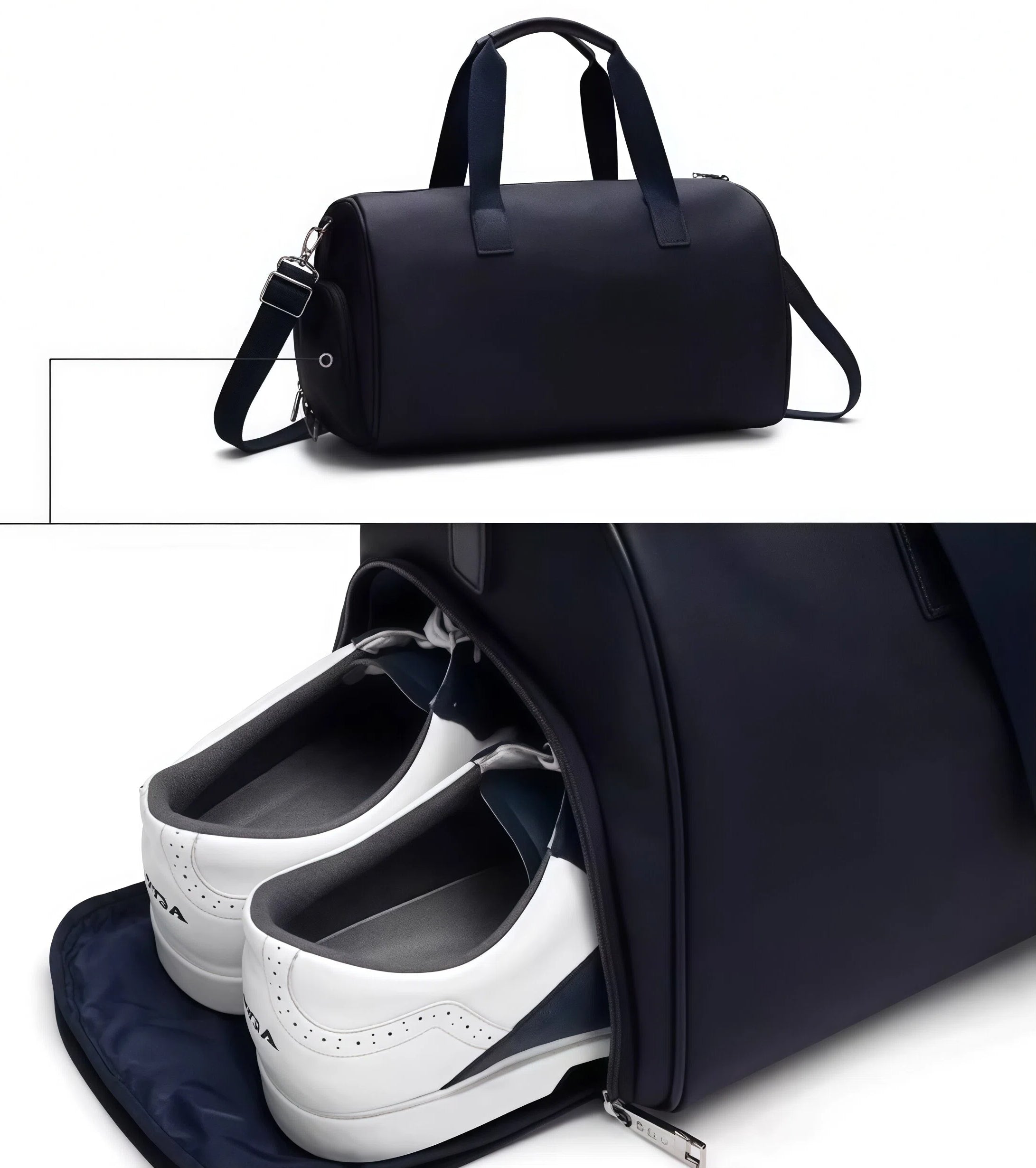Close-up of the PGA Tour duffel bag’s dedicated shoe compartment with a pair of white golf shoes neatly stored. Keeps footwear isolated from clothes and prevents odor.
