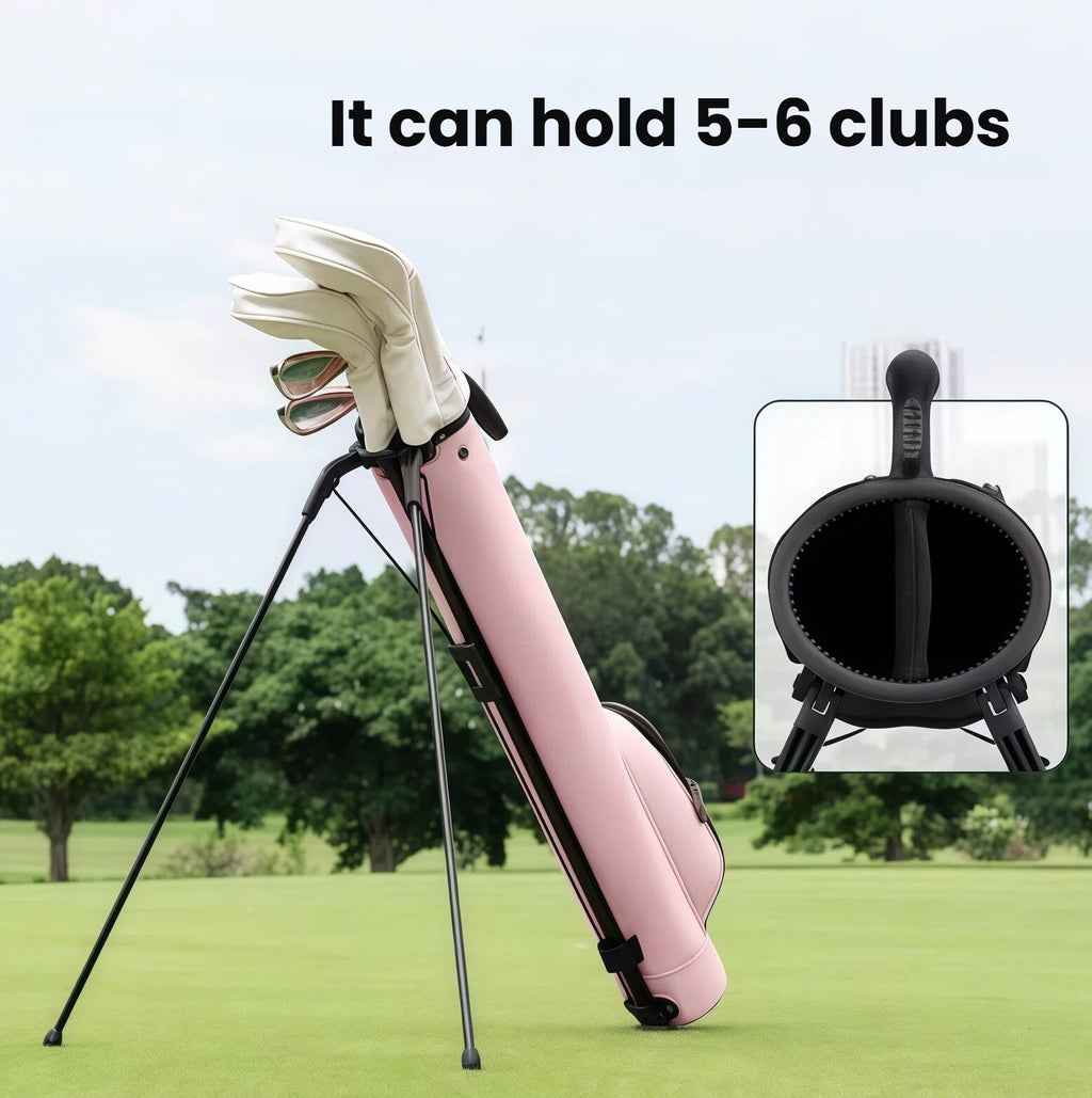 PGM golf bag holding 5–6 golf clubs with protective head covers. Close-up shows interior lining and divider design for safe storage.