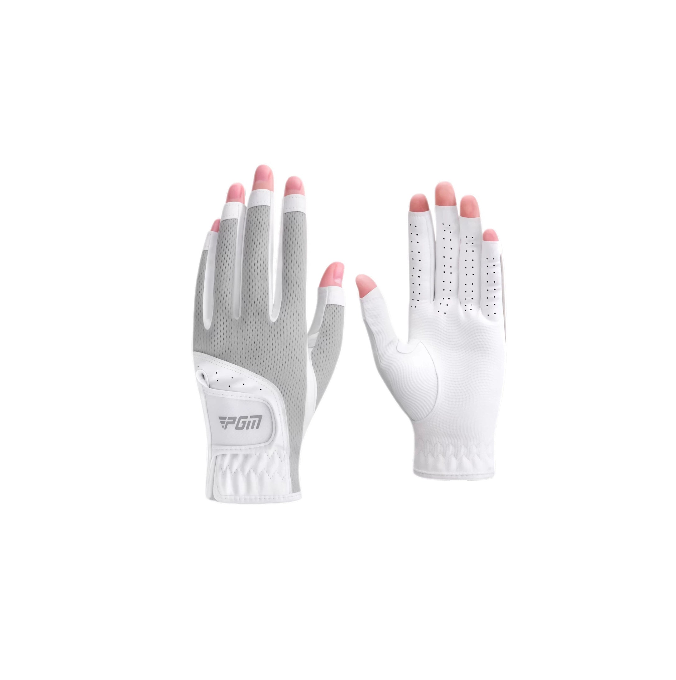  A pair of PGM women's fingerless golf gloves in a modern grey and white. The lightweight design and breathable materials make them ideal for warm weather play.