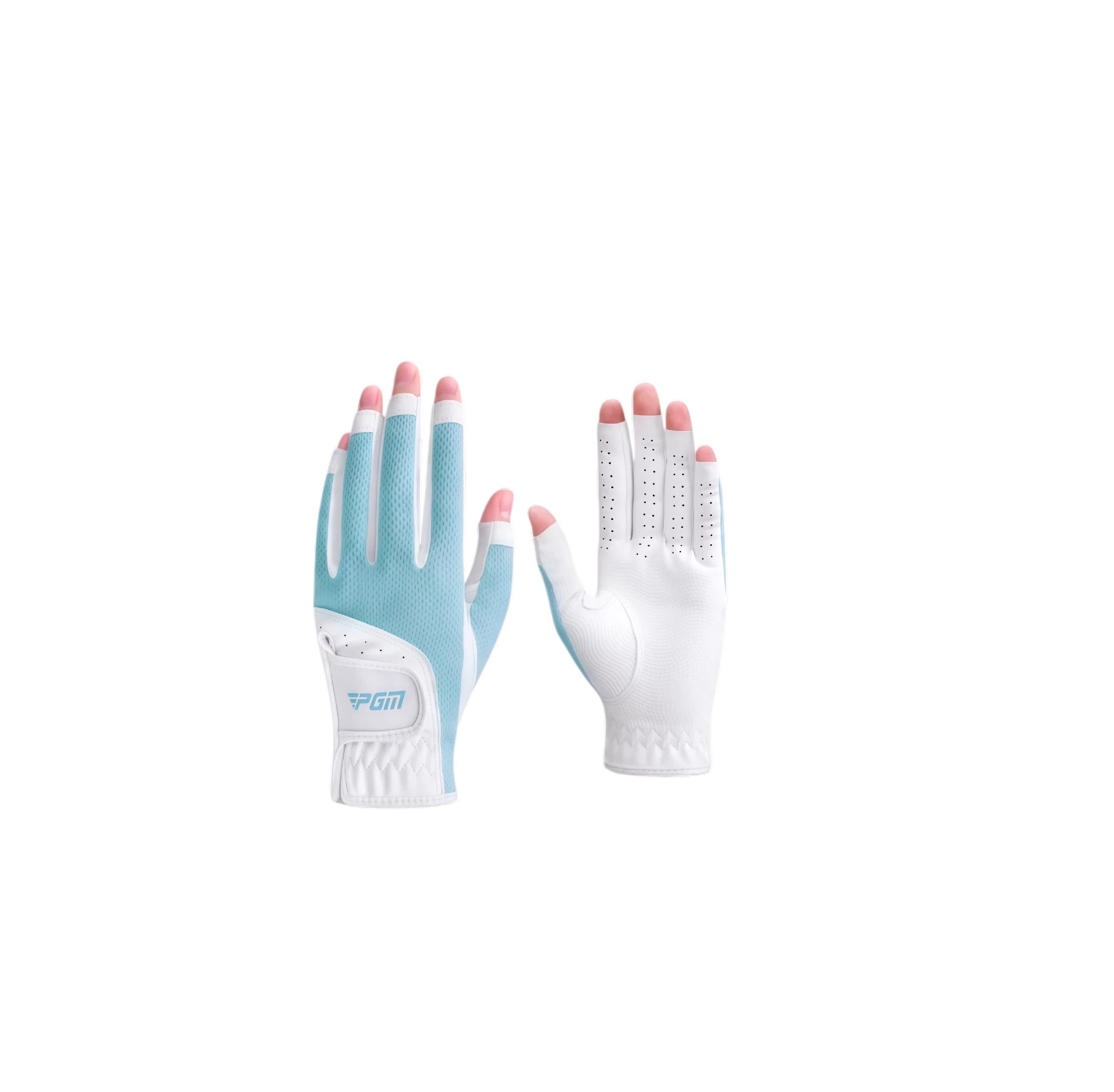  A pair of PGM women's fingerless golf gloves in a stylish light blue and white colorway. Designed for sun protection and comfort, with a breathable mesh backhand and a durable palm.