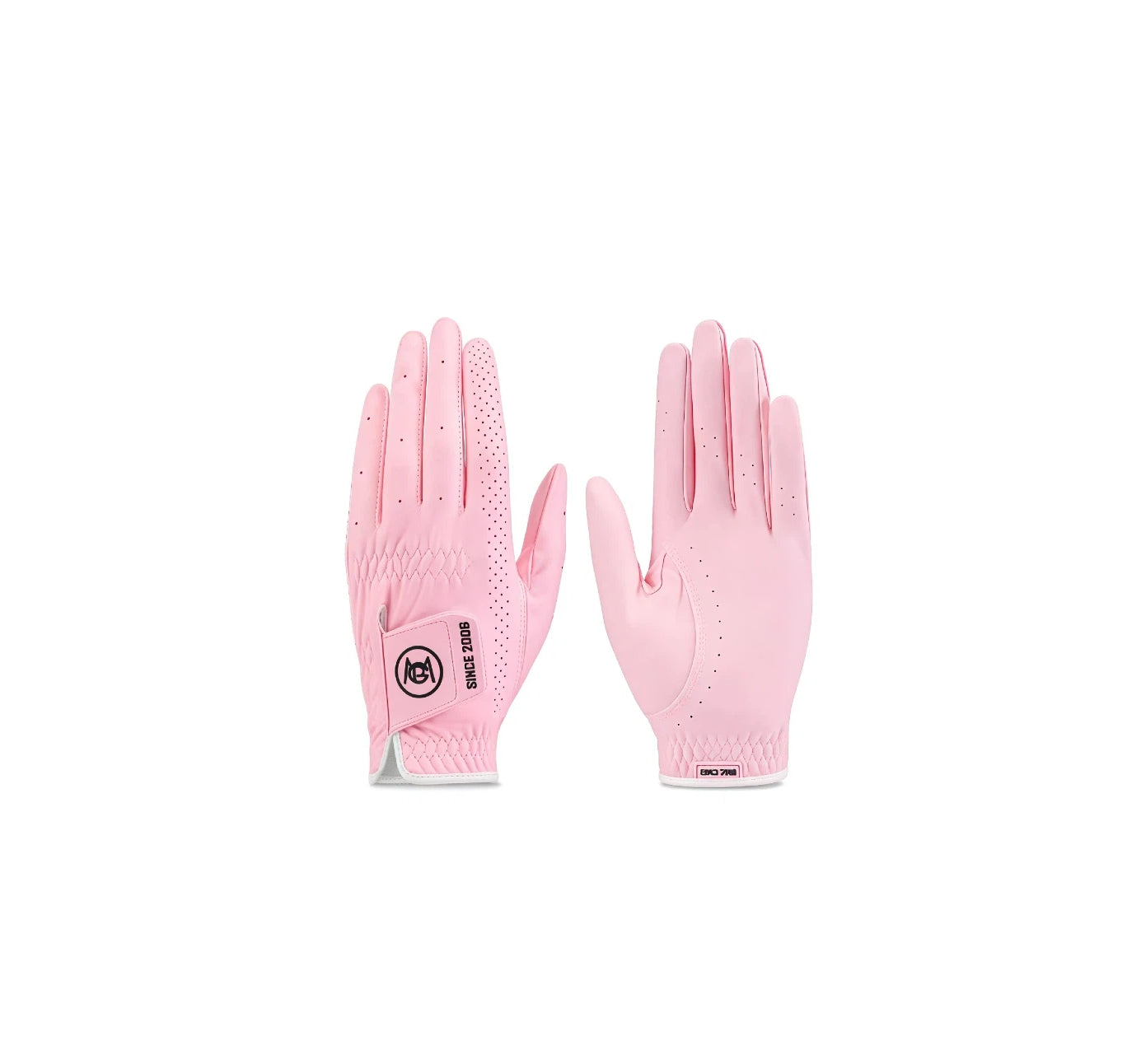 A pair of pink PGM women's imported nano golf gloves, showing the front and back views. The glove features a breathable, perforated design, an adjustable Velcro strap with the PGM logo, and a durable palm for a secure grip.