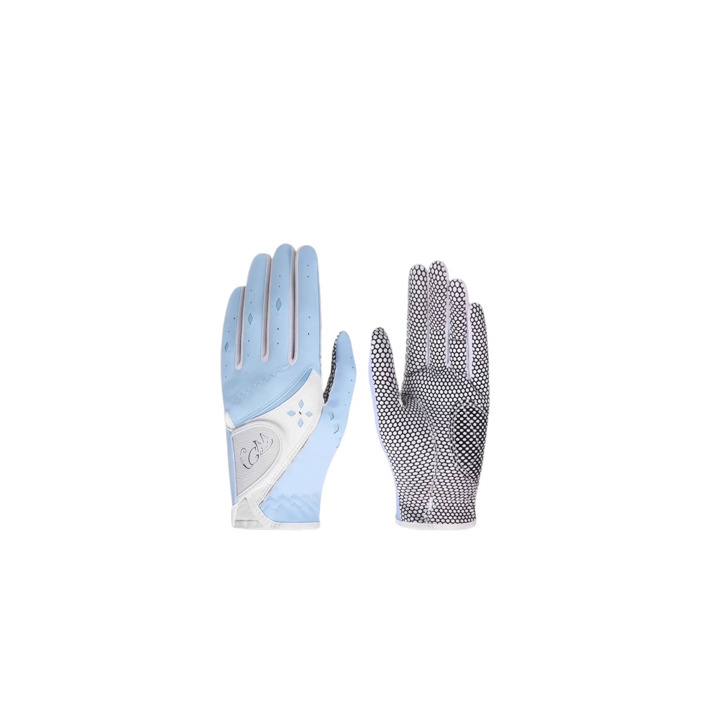A pair of PGM women's summer golf gloves in light blue and white. This breathable and durable design features a stylish pattern on the backhand and a reinforced palm for enhanced control.
