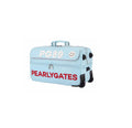  Light blue PG89 golf travel bag with double layer capacity, featuring a trolley system and wheels, adorned with "PEARLYGATES" branding and a smiley face, suitable for golf travel.