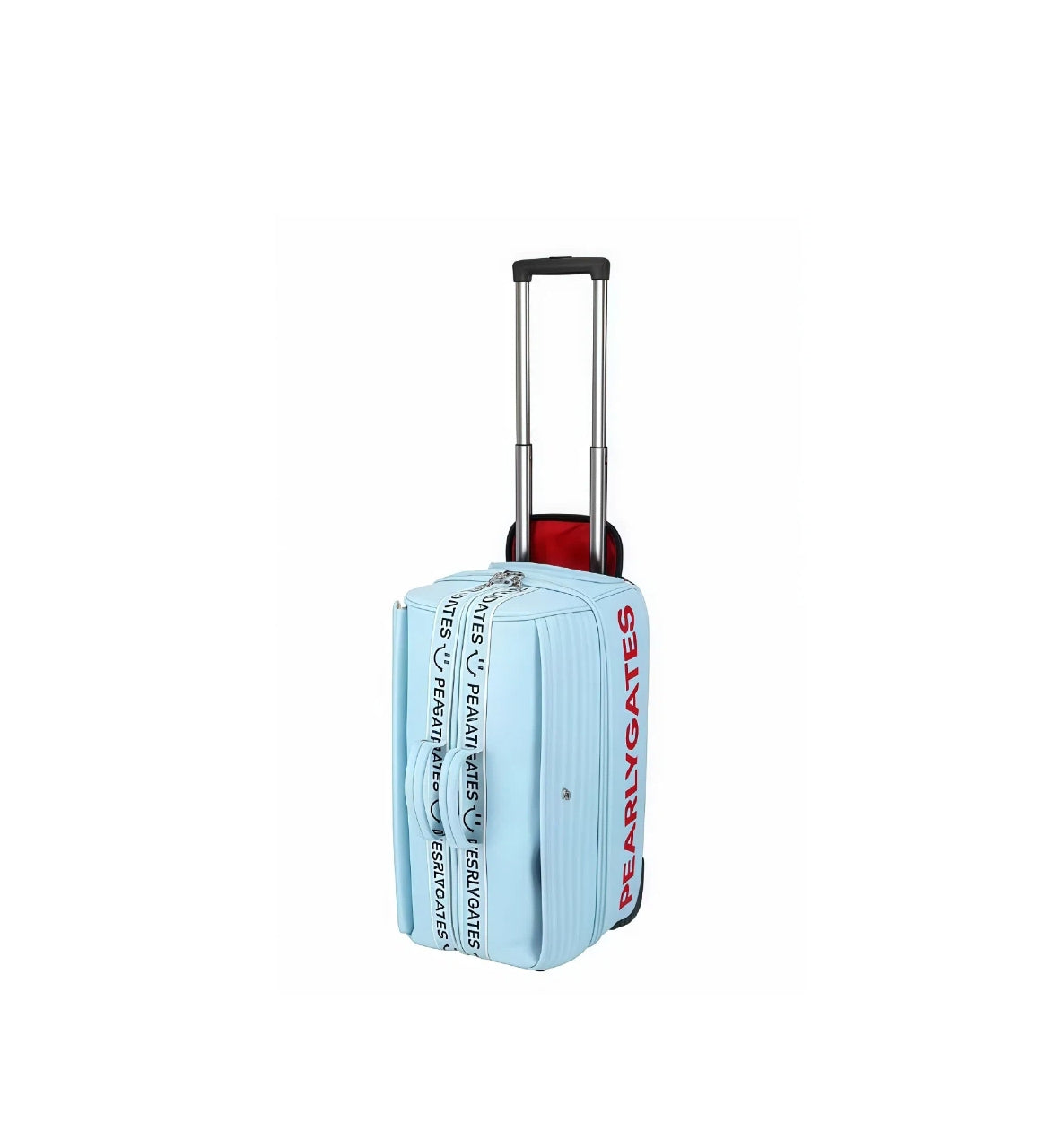 Side view of the light blue PG89 golf travel bag, highlighting its double layer design, trolley handle, and wheels, with "PEARLYGATES" branding visible on the side.