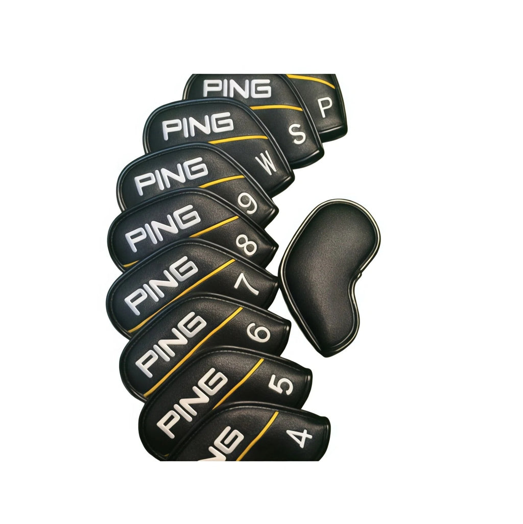 Side view of black PING iron headcovers (4–U) arranged diagonally with detached universal wood cover — showcases ergonomic shape, padded interior, and oil-edge finish; ideal for protecting drivers, fairway woods, or hybrids