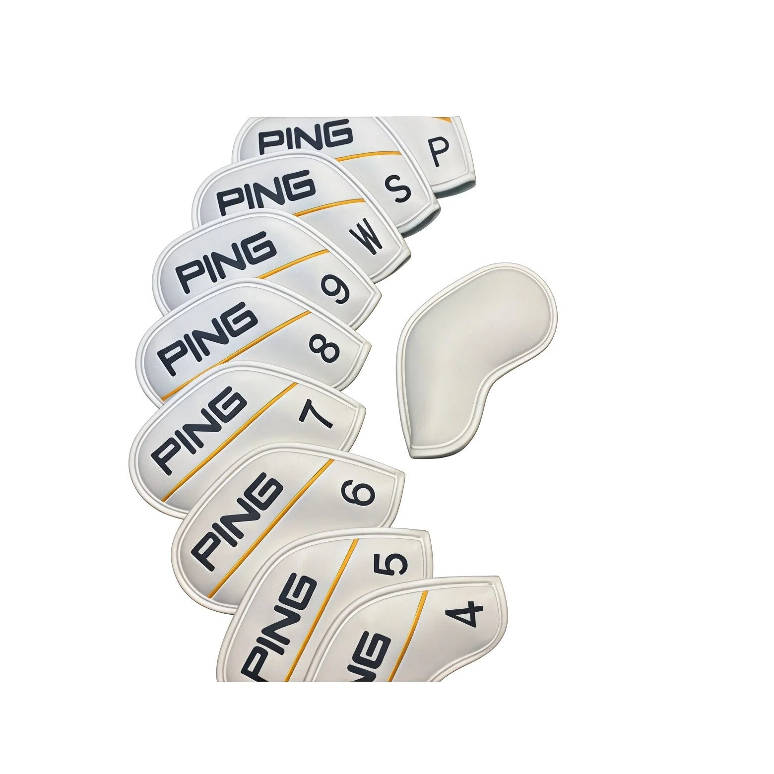 White PING golf iron covers displayed with matching universal wood headcover — highlights sleek contouring, stitched edges, and non-slip fit; perfect for players who want coordinated style and scratch-free storage for irons and woods