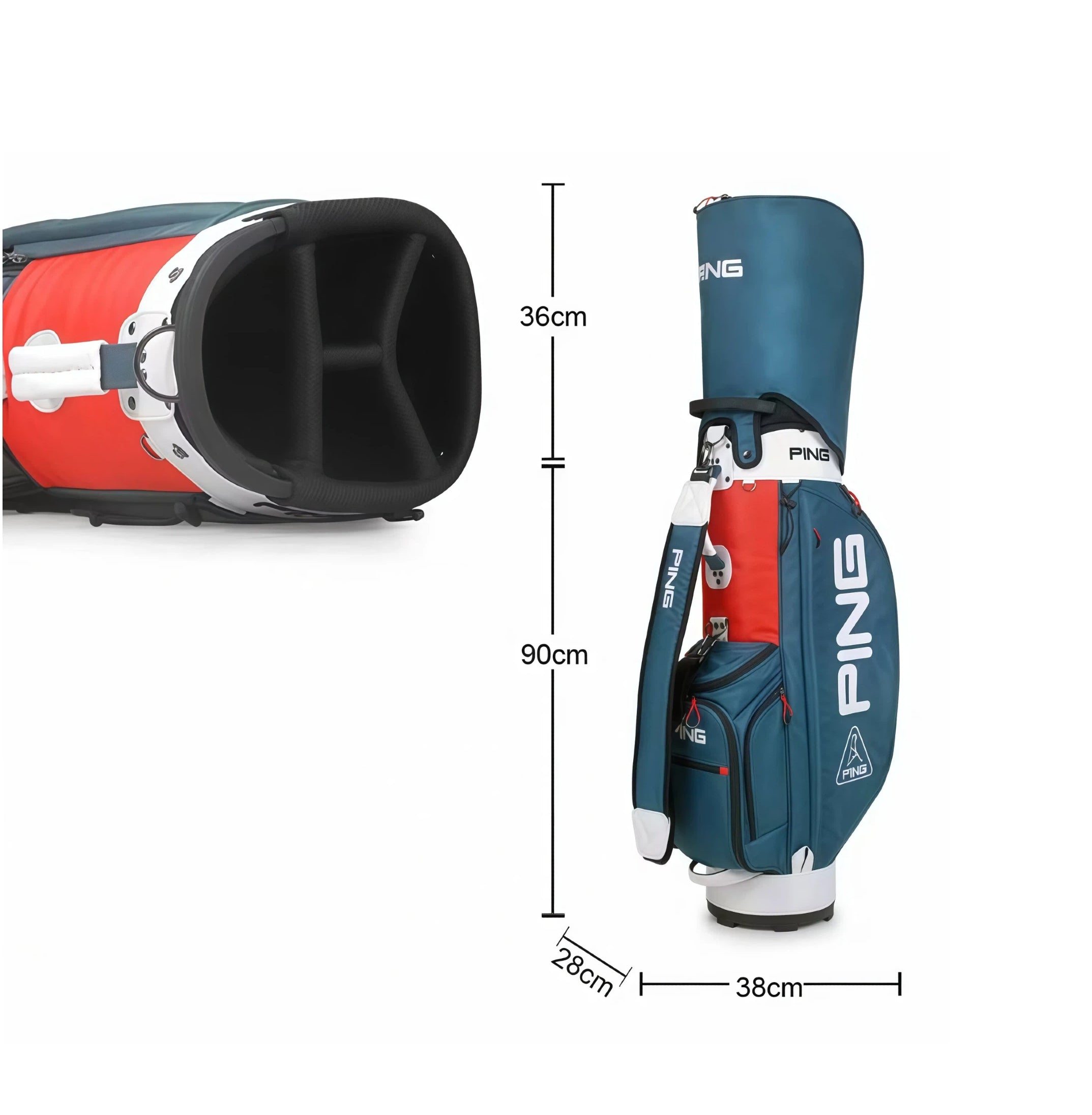 Size diagram of the PING A-Series Staff Golf Bag showing dimensions: 90cm height, 38cm width, 28cm depth, and 36cm top opening. Includes internal view of club dividers and reinforced padding.
