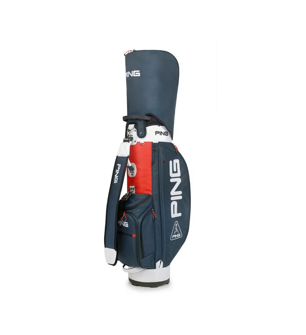Front view of the PING A-Series Staff Golf Bag featuring bold "PING" lettering, triangular logo, and multi-compartment storage. Designed for durability and style.