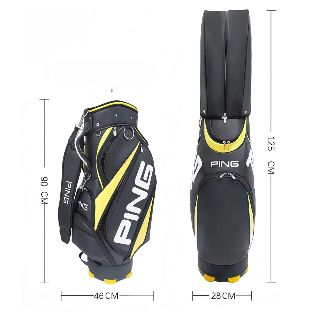 Size dimensions of the PING Golf Cart Bag 2025: 125 cm (height), 46 cm (width), 28 cm (depth). Ideal size for full golf club sets and accessories.