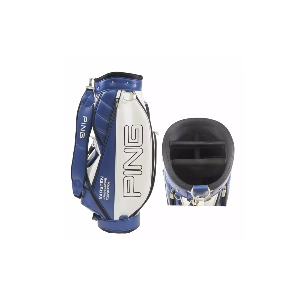 Navy blue and white PING golf stand bag with a detailed view of its 4-way top divider, emphasizing waterproof material, large capacity, and lightweight unisex features for easy carrying.
