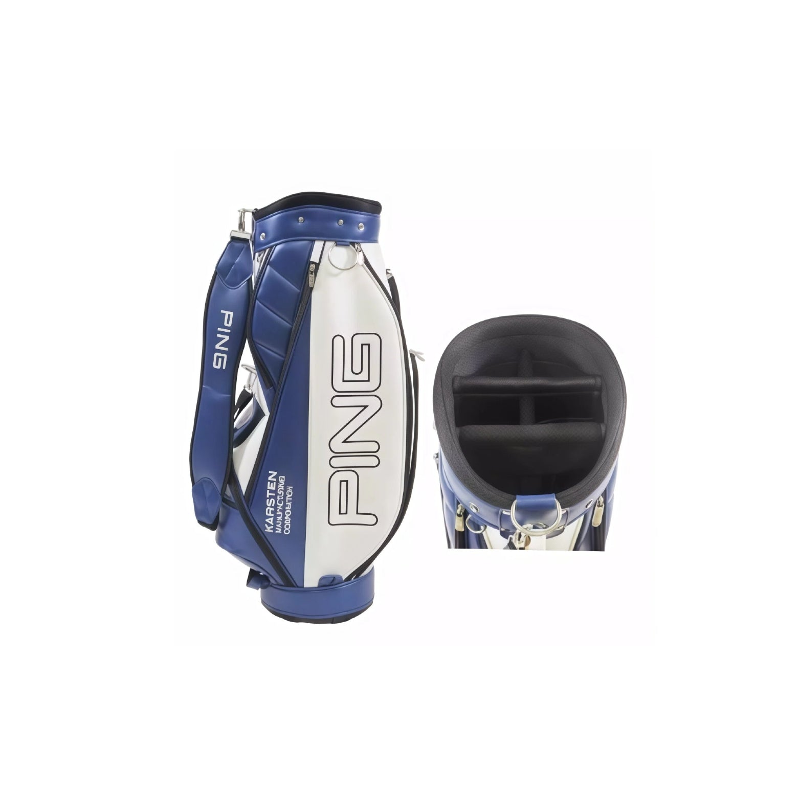 Navy blue and white PING golf stand bag with a detailed view of its 4-way top divider, emphasizing waterproof material, large capacity, and lightweight unisex features for easy carrying.